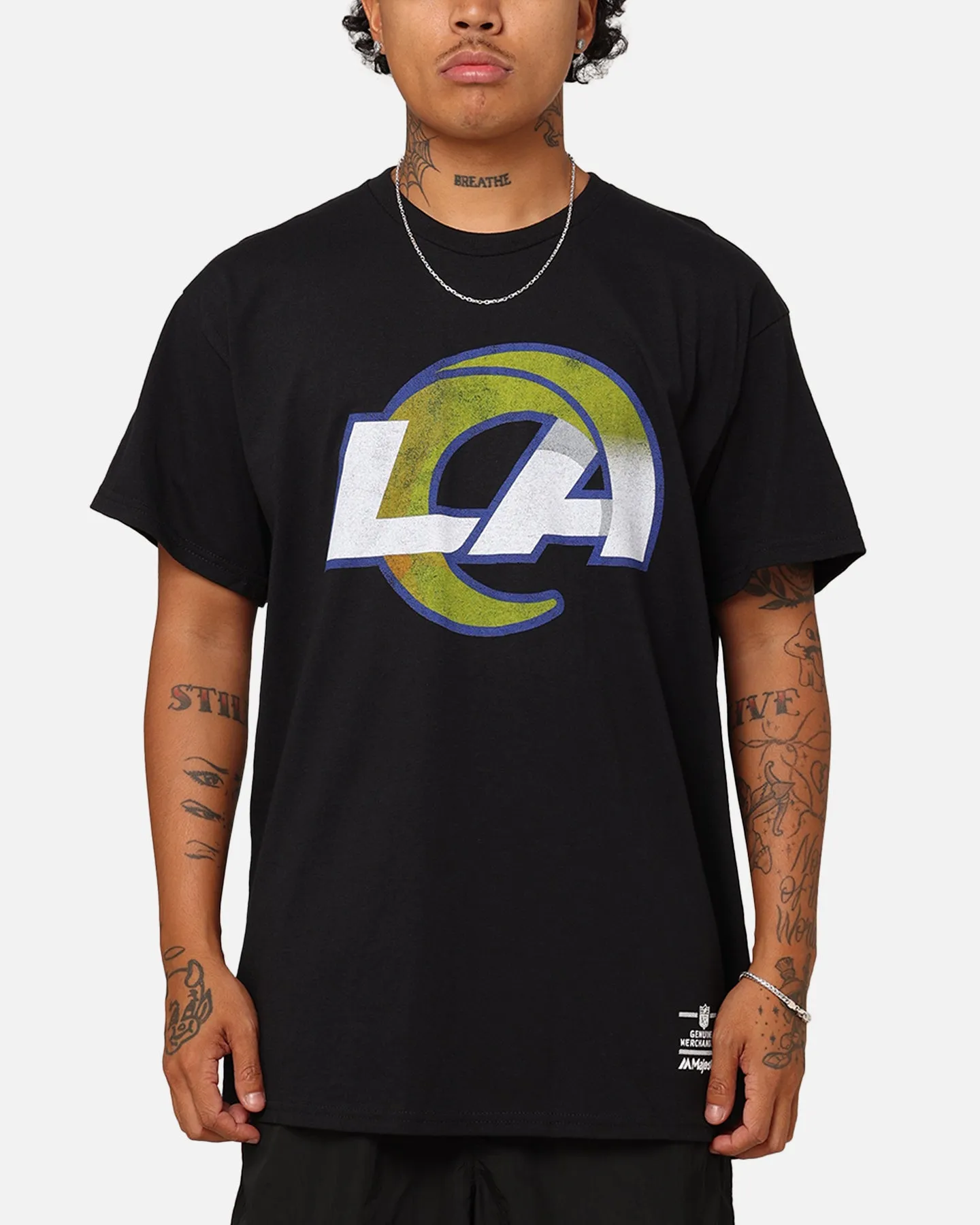 Majestic Athletic Los Angeles Rams Team Crest T-Shirt Black UV Protection Sustainable Packaging