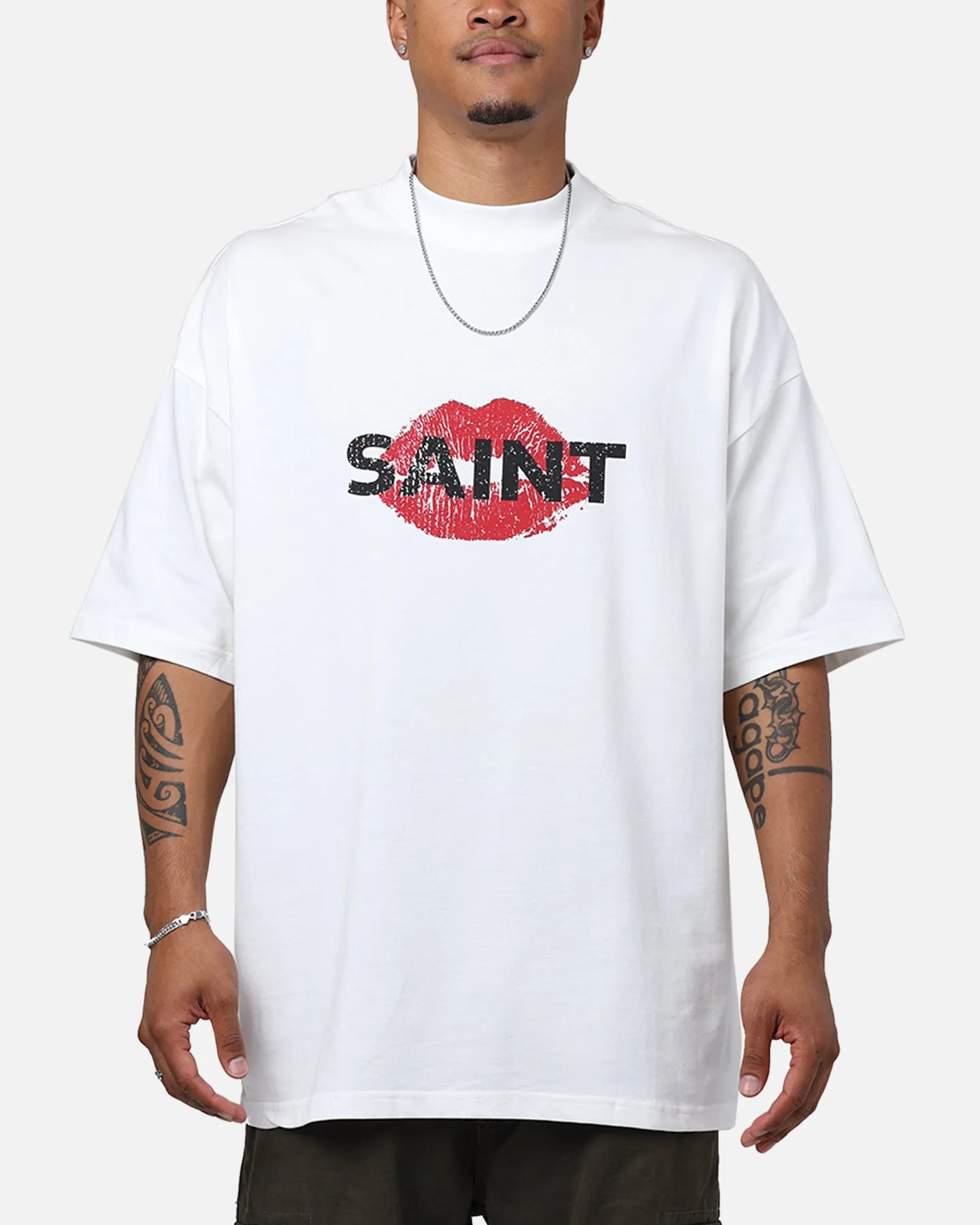 Trendy Fashion Saint Morta Love Helpline Mock T-Shirt Off-White