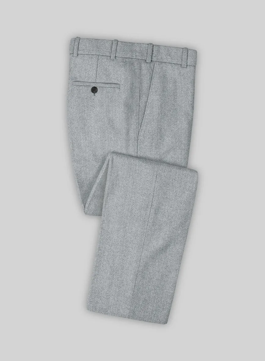 Flexible Fit Soft Lining Integration Italian Wide Herringbone Light Blue Tweed Pants