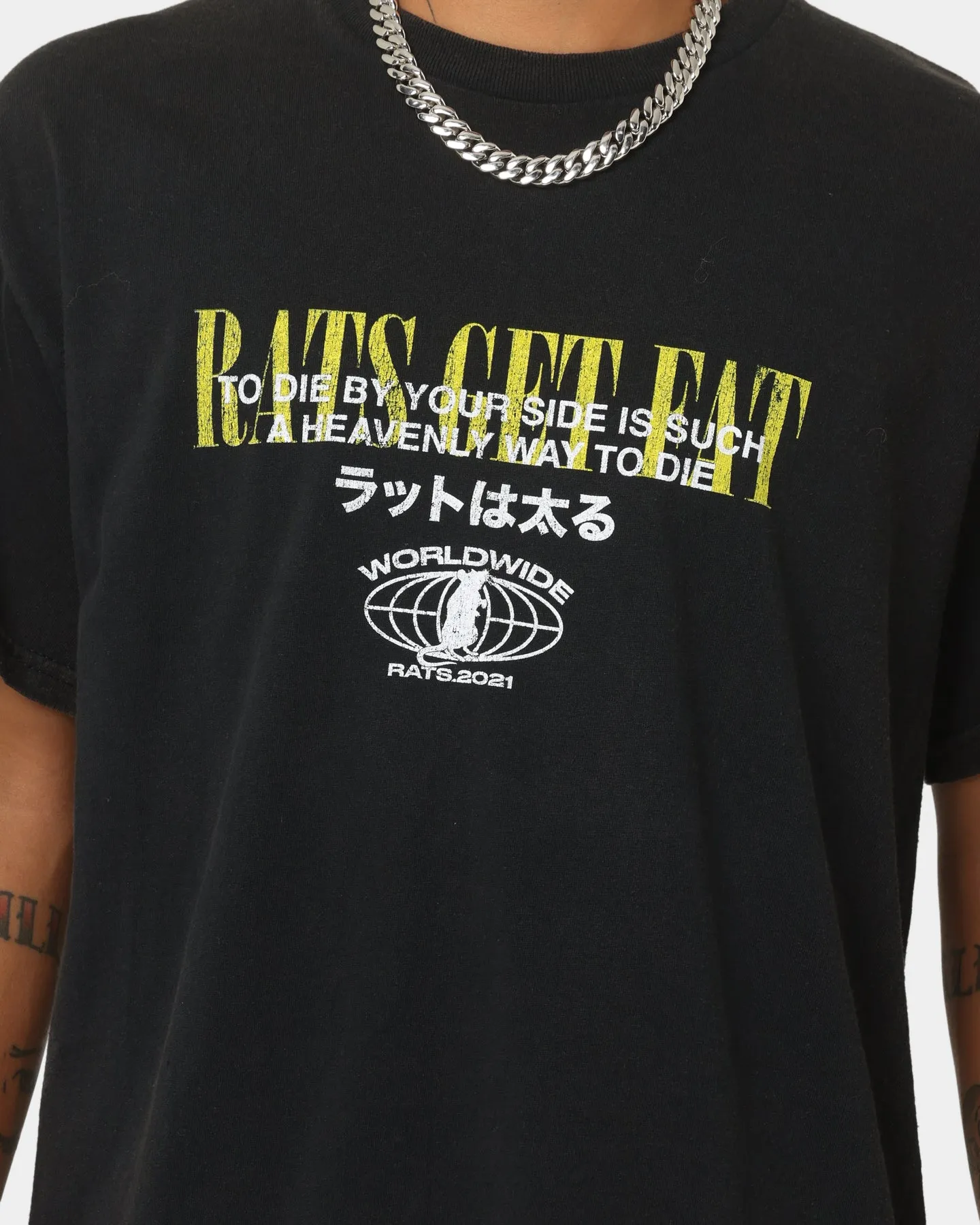 Rats Get Fat By Your Side Vintage T-Shirt Black Wash StretchReinforcedArmholes