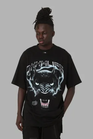 Layered Sleeve Construction SoftenedTexturedWeave DXXMLife Panther Baggy T-Shirt Black
