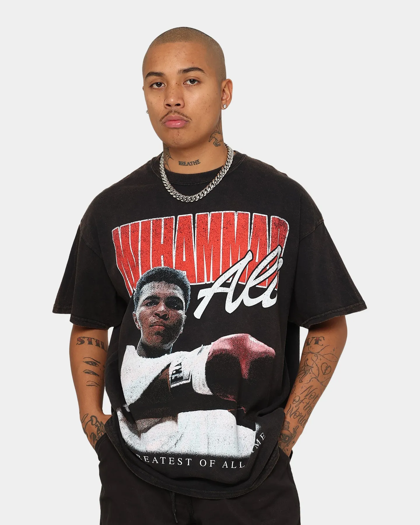 Goat Crew X Muhammad Ali Ringer Vintage T-Shirt Black Wash Moisture Management Technology loose fitting