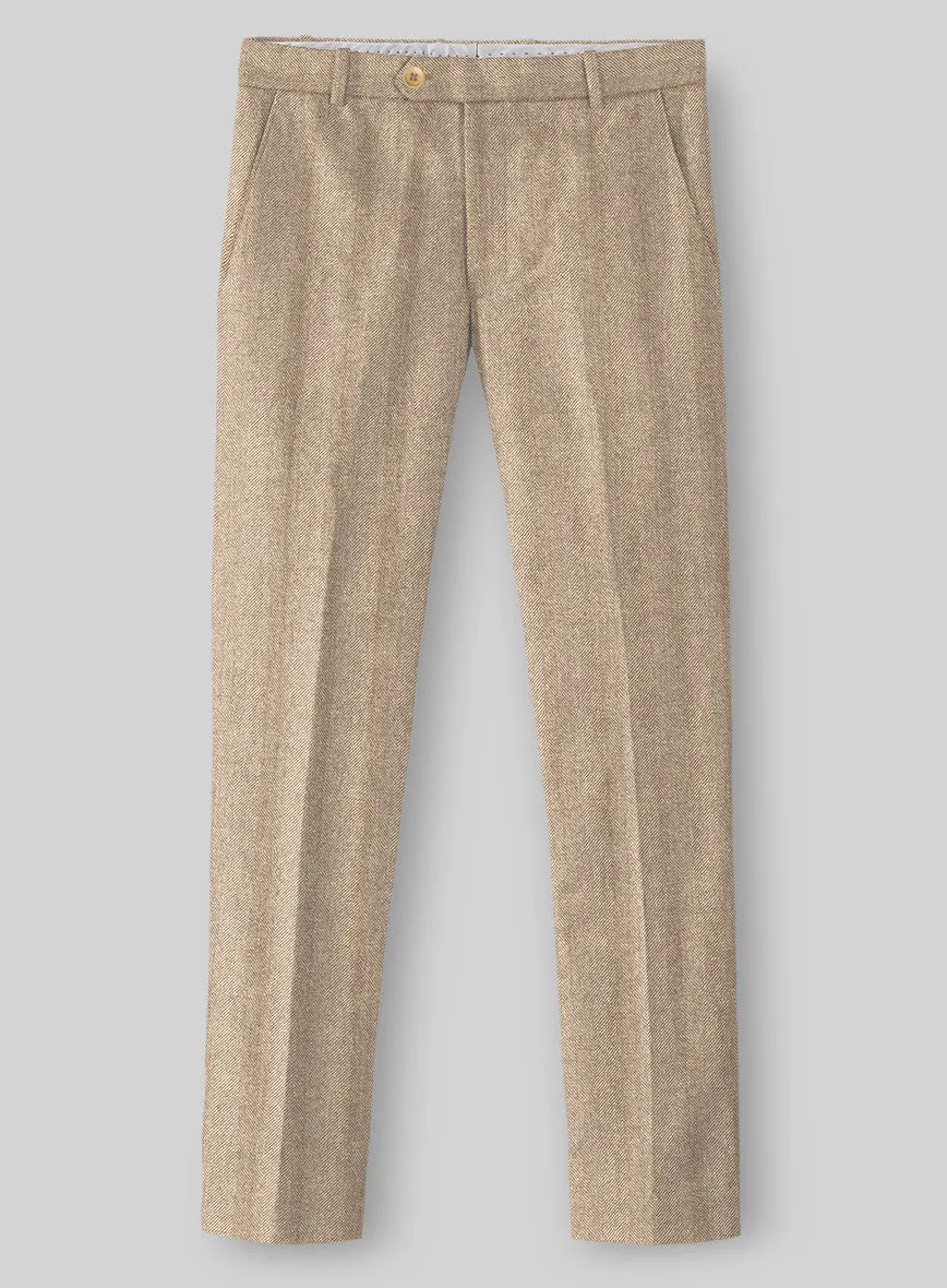 Sleek Office Wear Flexible Fit Italian Wide Herringbone Beige Tweed Pants