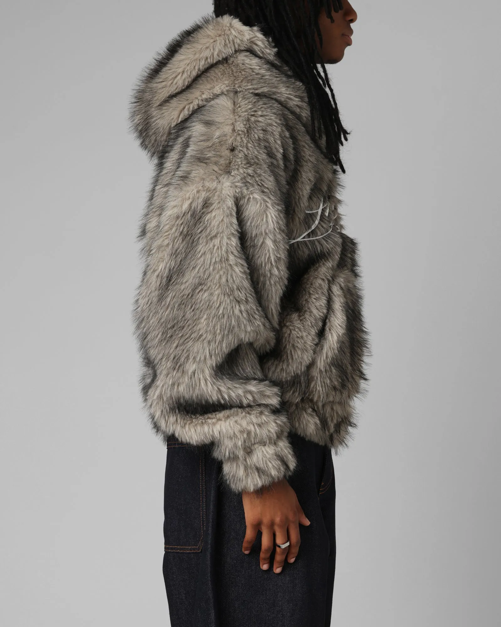 Loiter Faux Fur Hooded Jacket Off White Grid Fleece Lining