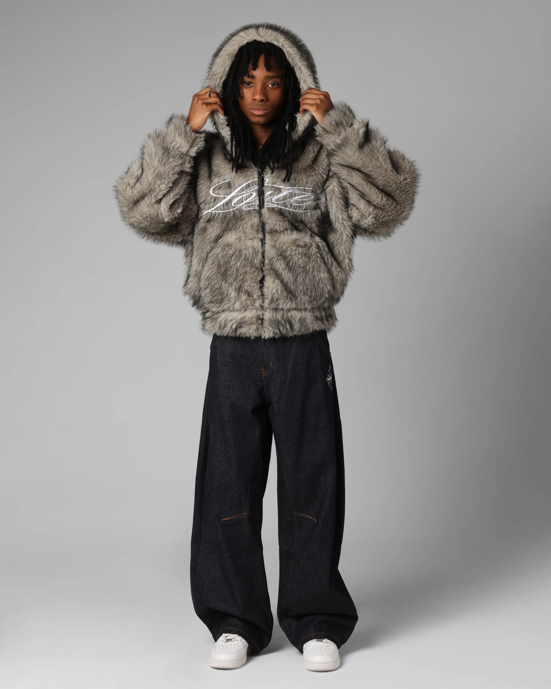 Loiter Faux Fur Hooded Jacket Off White Long-sleeved