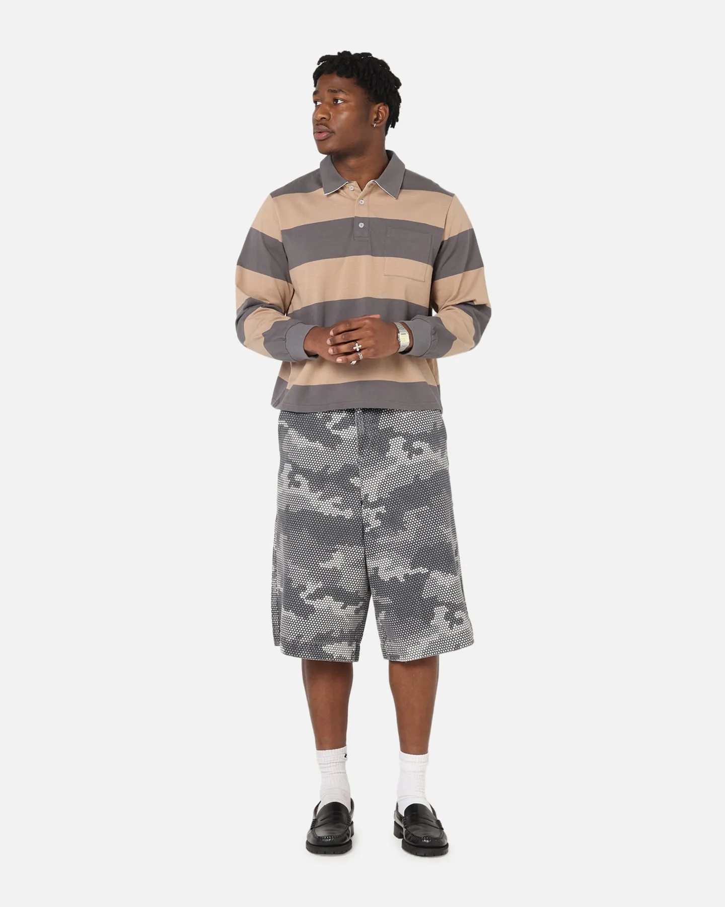 XXIII Rugby Long Sleeve Polo T-Shirt Charcoal/Tan Relaxed Neckline Casual Layers