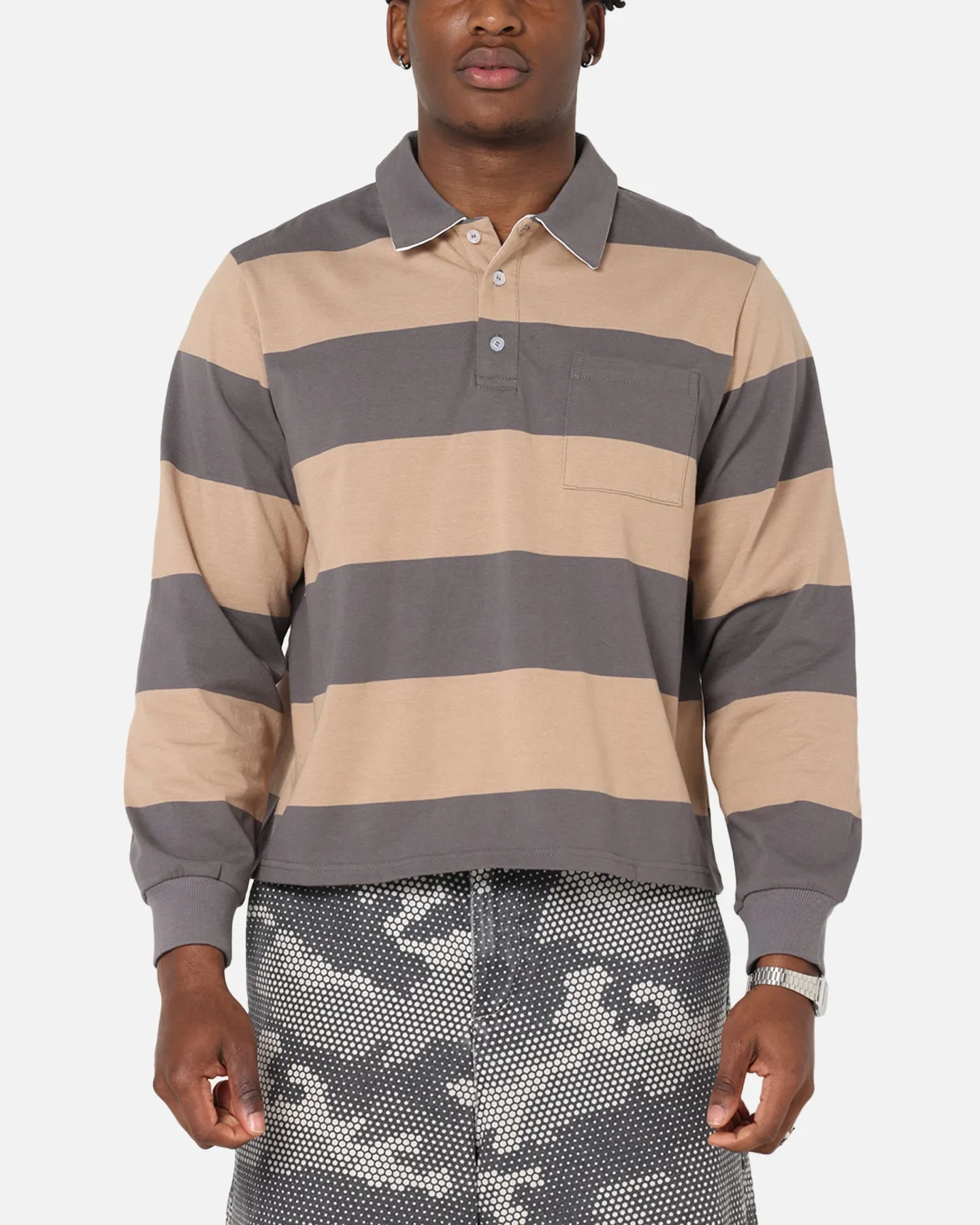 XXIII Rugby Long Sleeve Polo T-Shirt Charcoal/Tan Versatile Wardrobe Timeless Fit