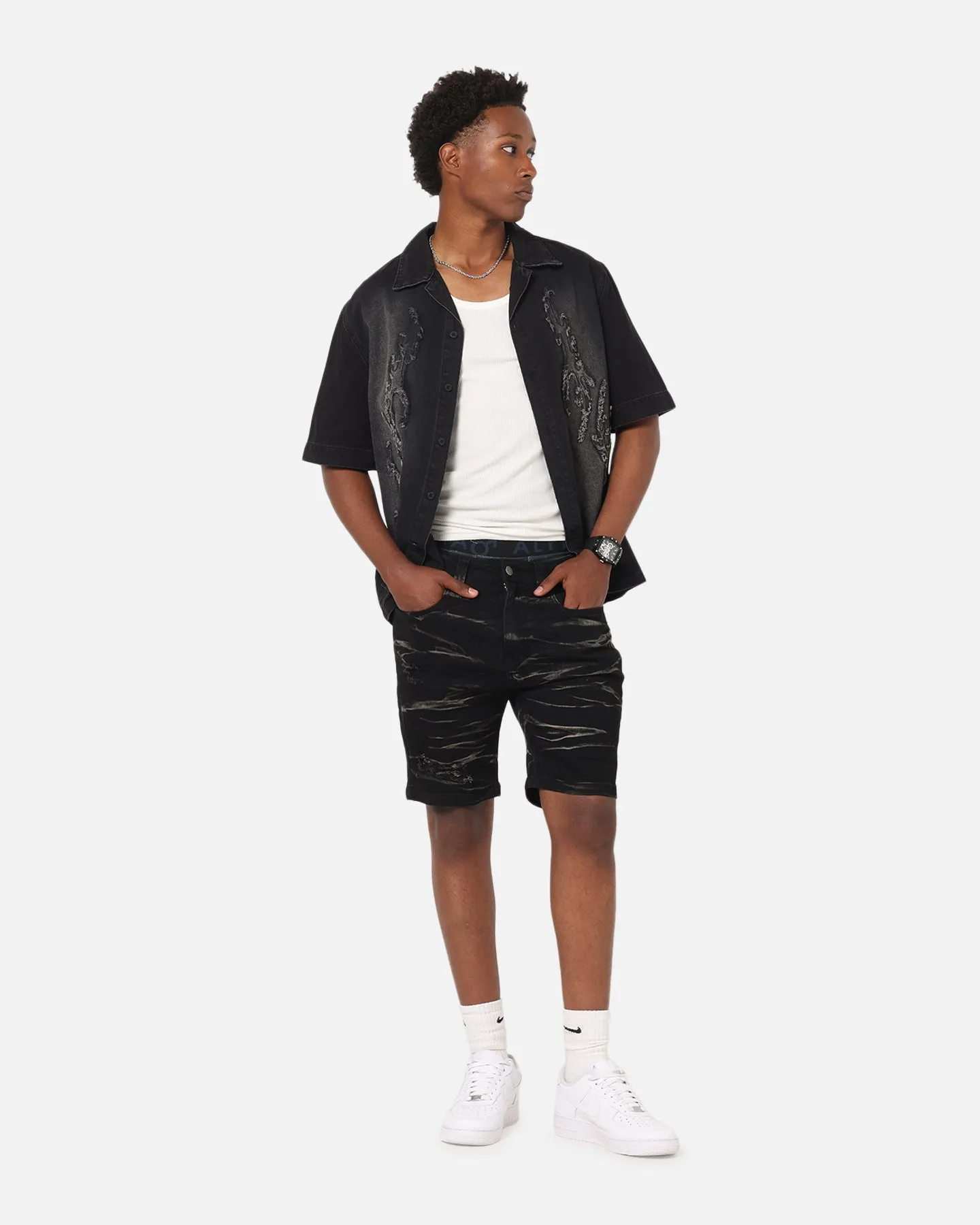 Easy Style Lounge Fit Saint Morta Dynasty Thrash V2 Denim Shorts Acid Wash Black
