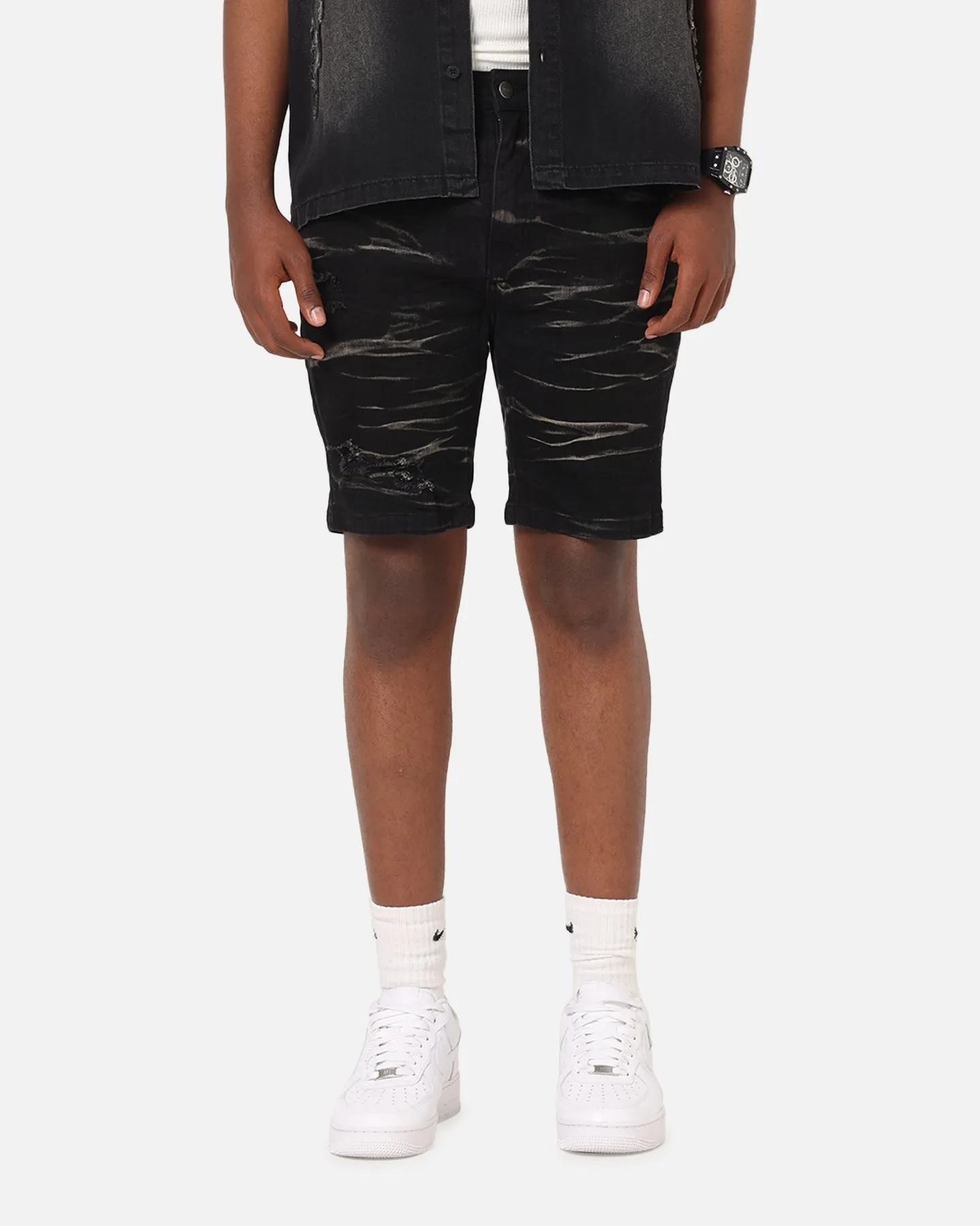 Saint Morta Dynasty Thrash V2 Denim Shorts Acid Wash Black Sporty Casual Trend Essential