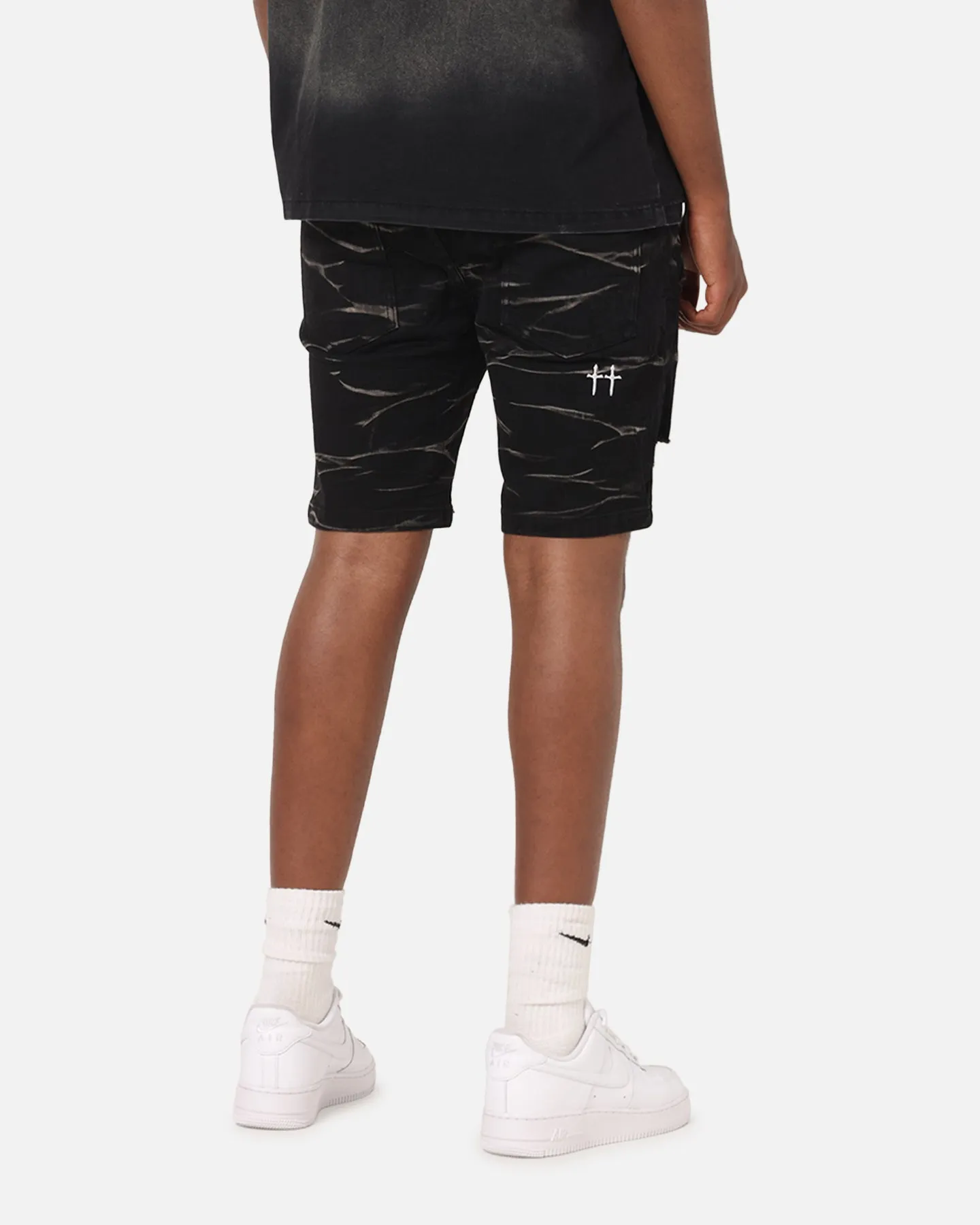 Clean Feel Floral Print Saint Morta Dynasty Thrash V2 Denim Shorts Acid Wash Black
