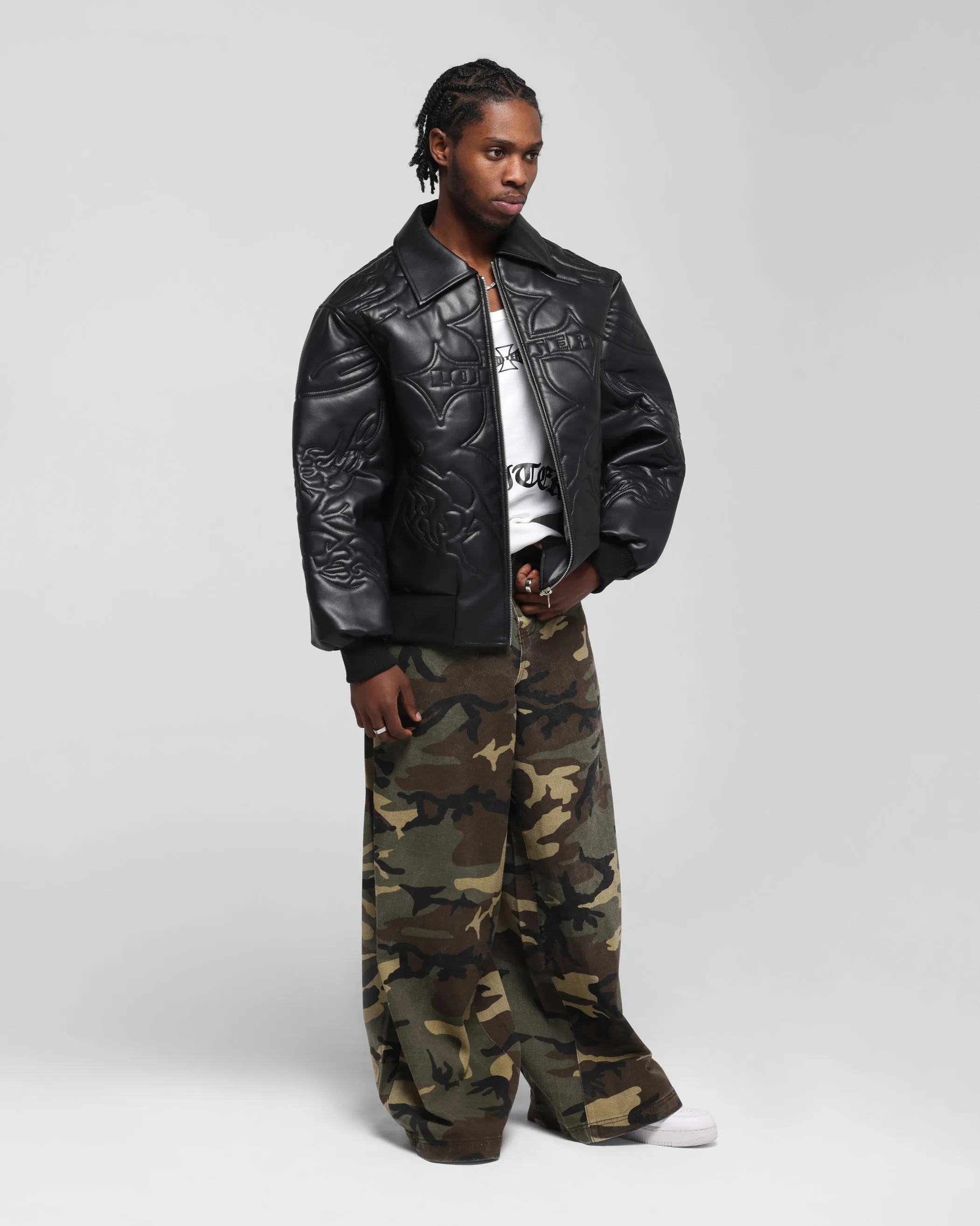 Loiter Fury Vegan Leather Jacket Washed Black Hood Included foldable