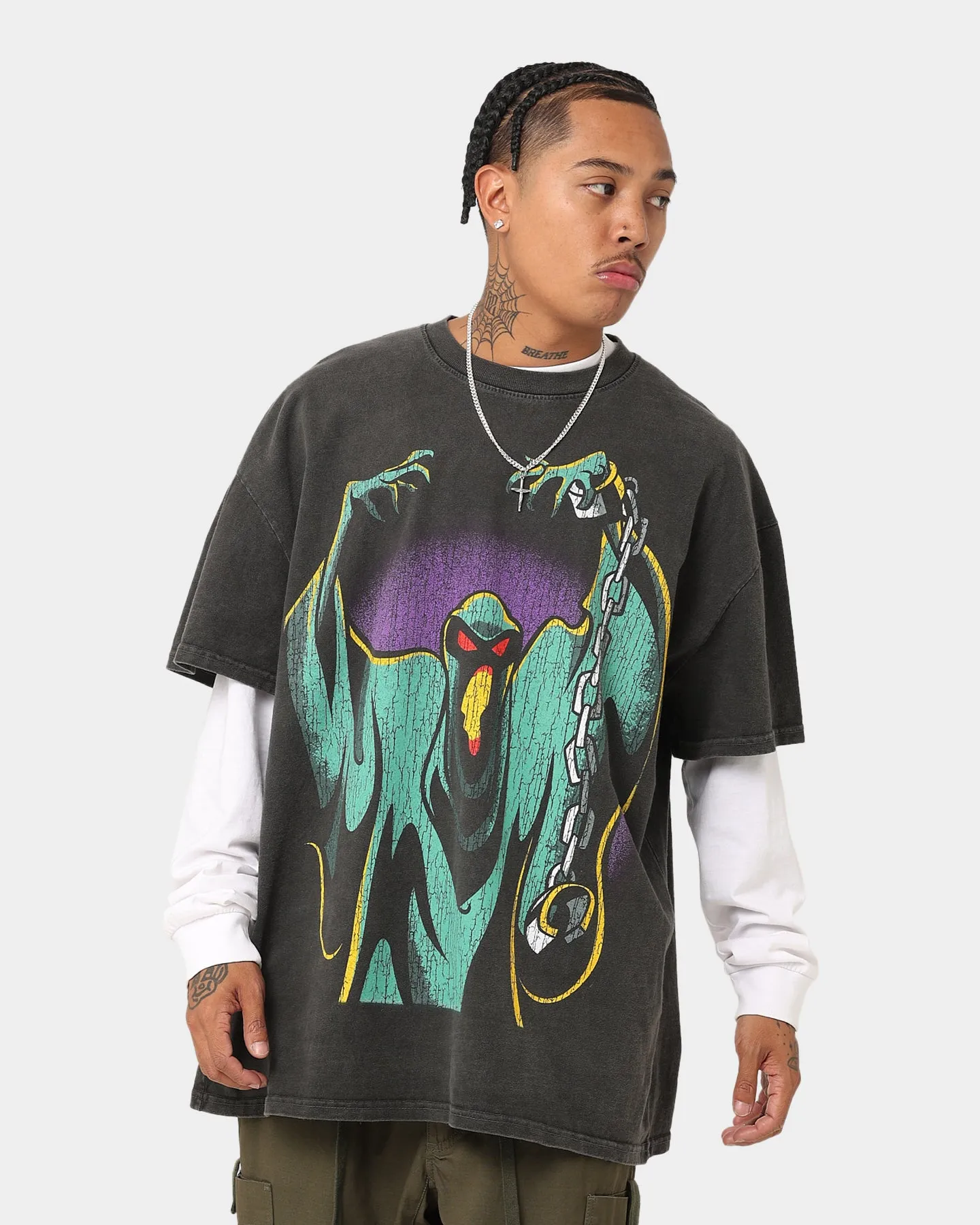 Goat Crew X Cartoon Network Green Ghost Heavyweight Vintage T-Shirt Black Wash Casual Layer Wear Moisture Management Technology