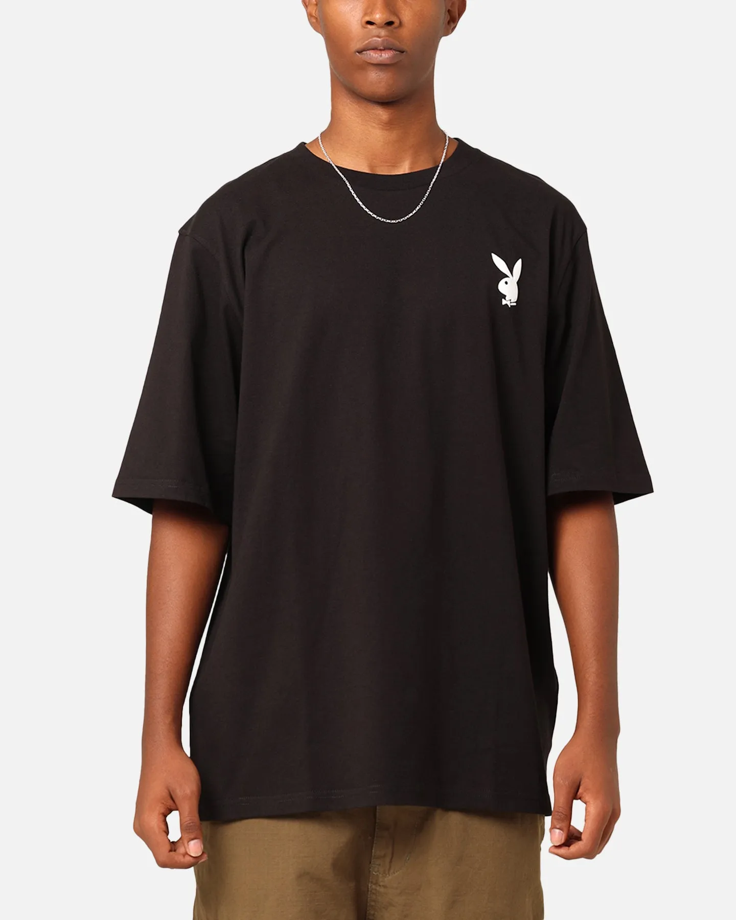 Raw Hem Finish Playboy Gothic Stack T-Shirt Black