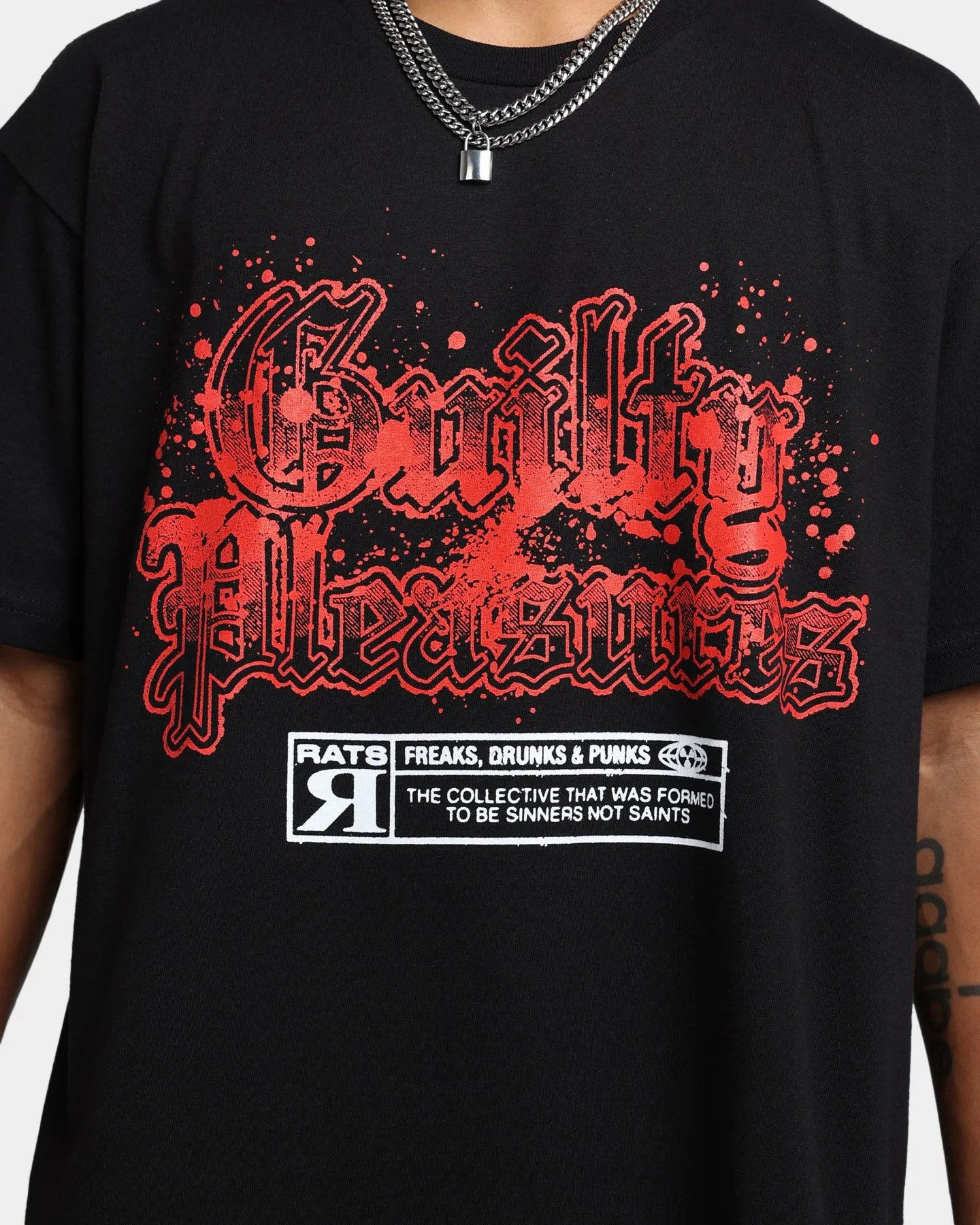 Rats Get Fat Guilty Pleasures Splat T-Shirt Black Trendy Top DoubleStitchedHem