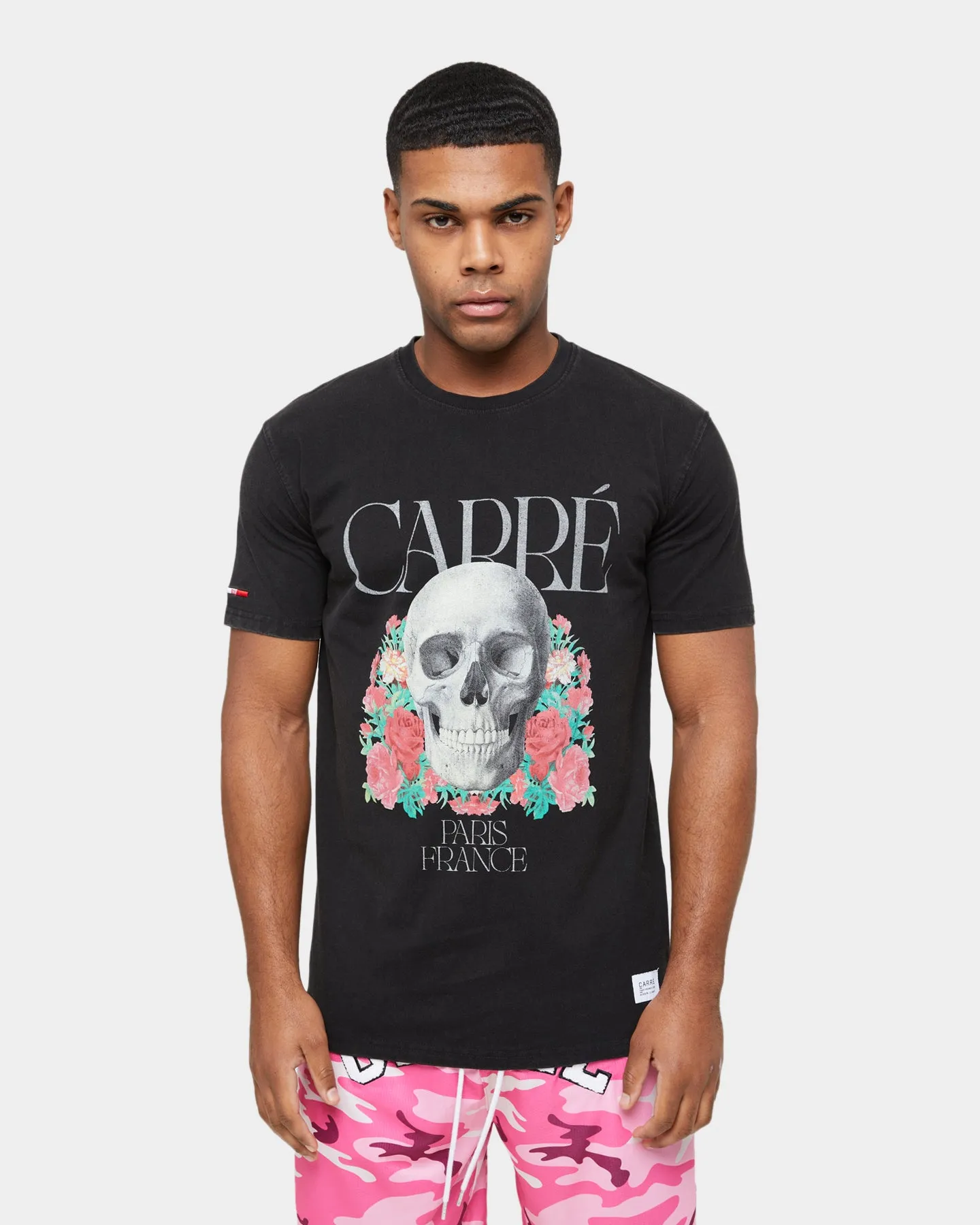 Carre Skull & Rose Vintage T-Shirt Washed Black Pocket Detailing Easy Layer