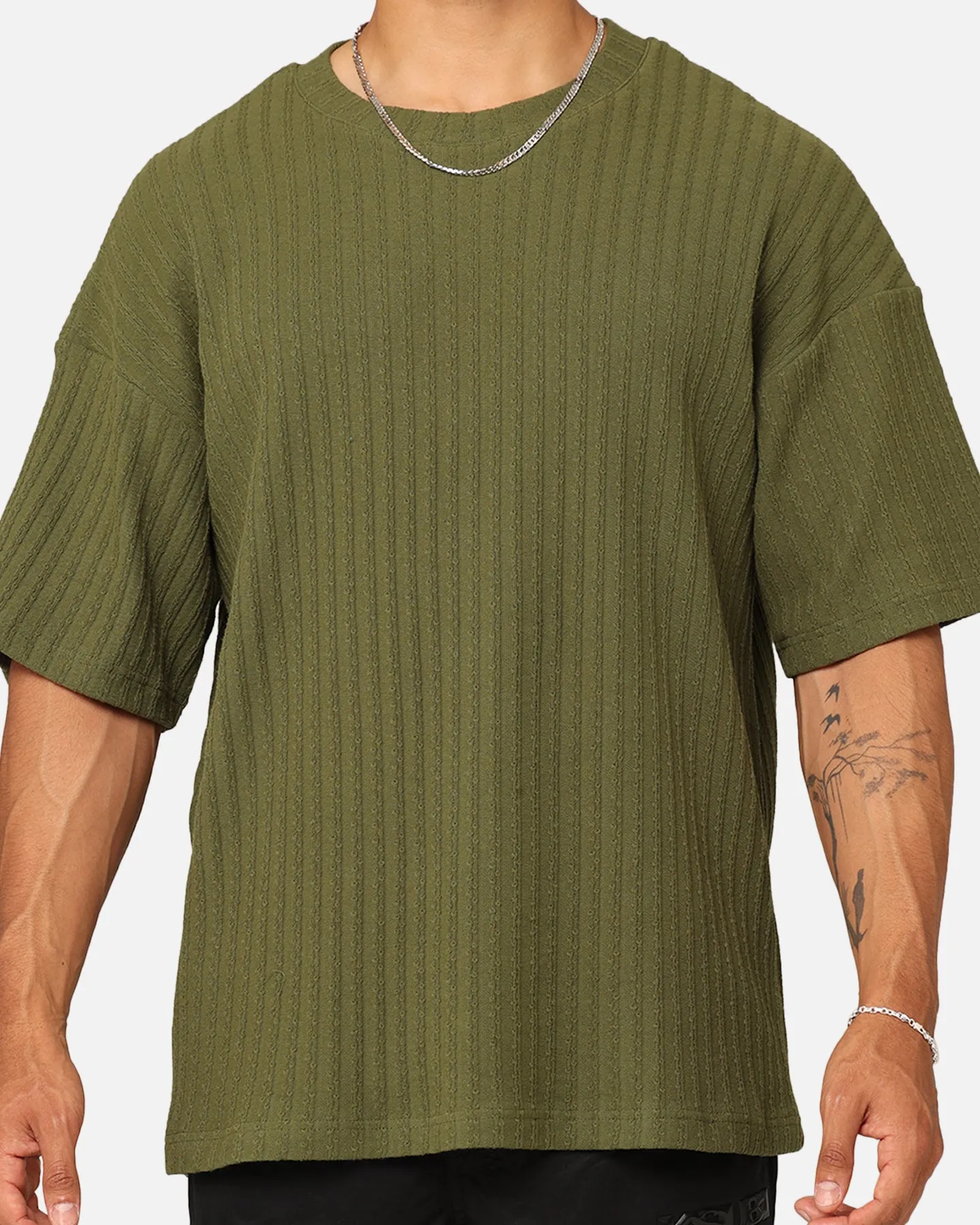 Modern Trend Look Reinforced Shoulder Stitching XXIII Karl Knit T-Shirt Military Green