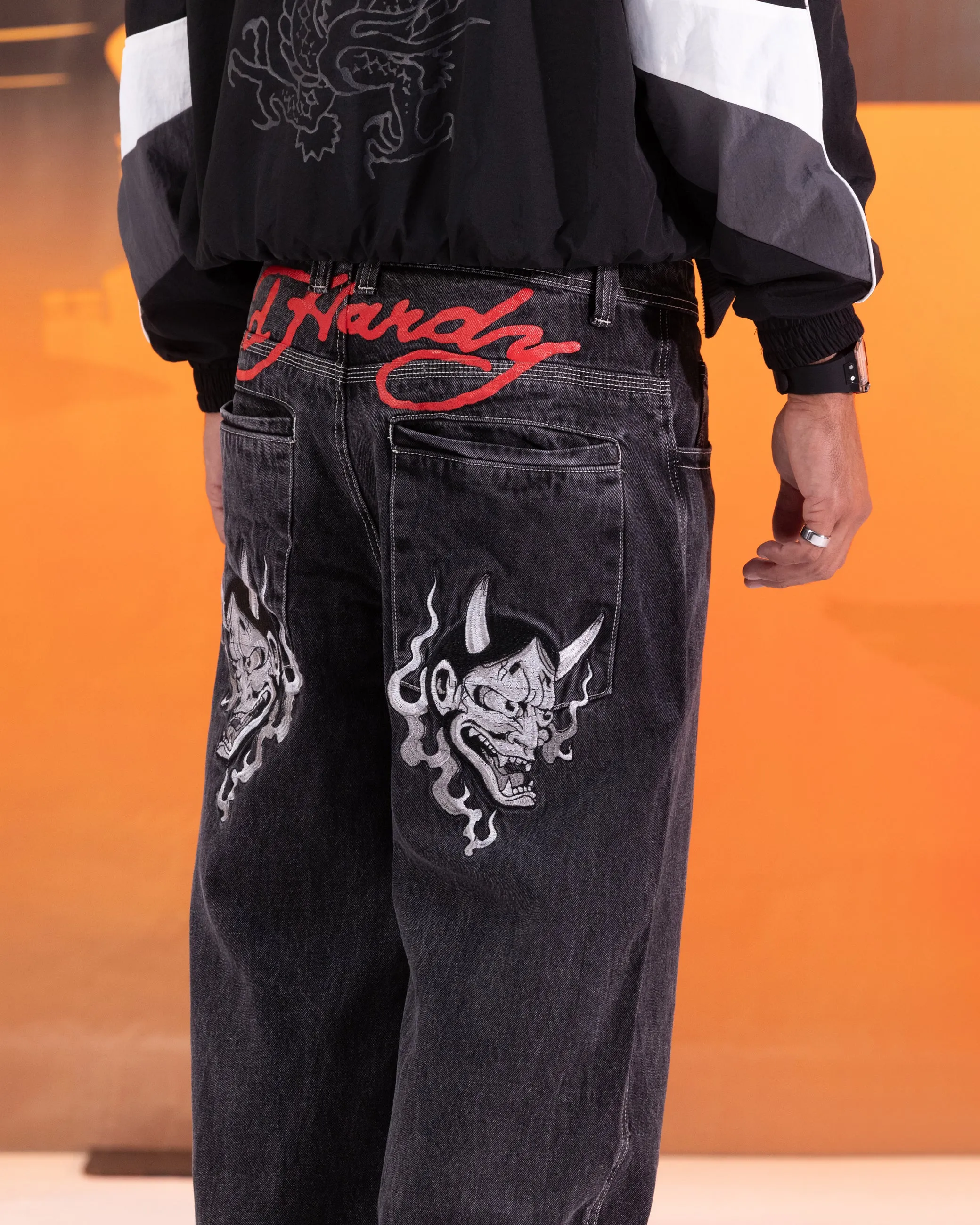 Ed Hardy Devil Wide Leg Denim Jeans Black All Purpose Wear