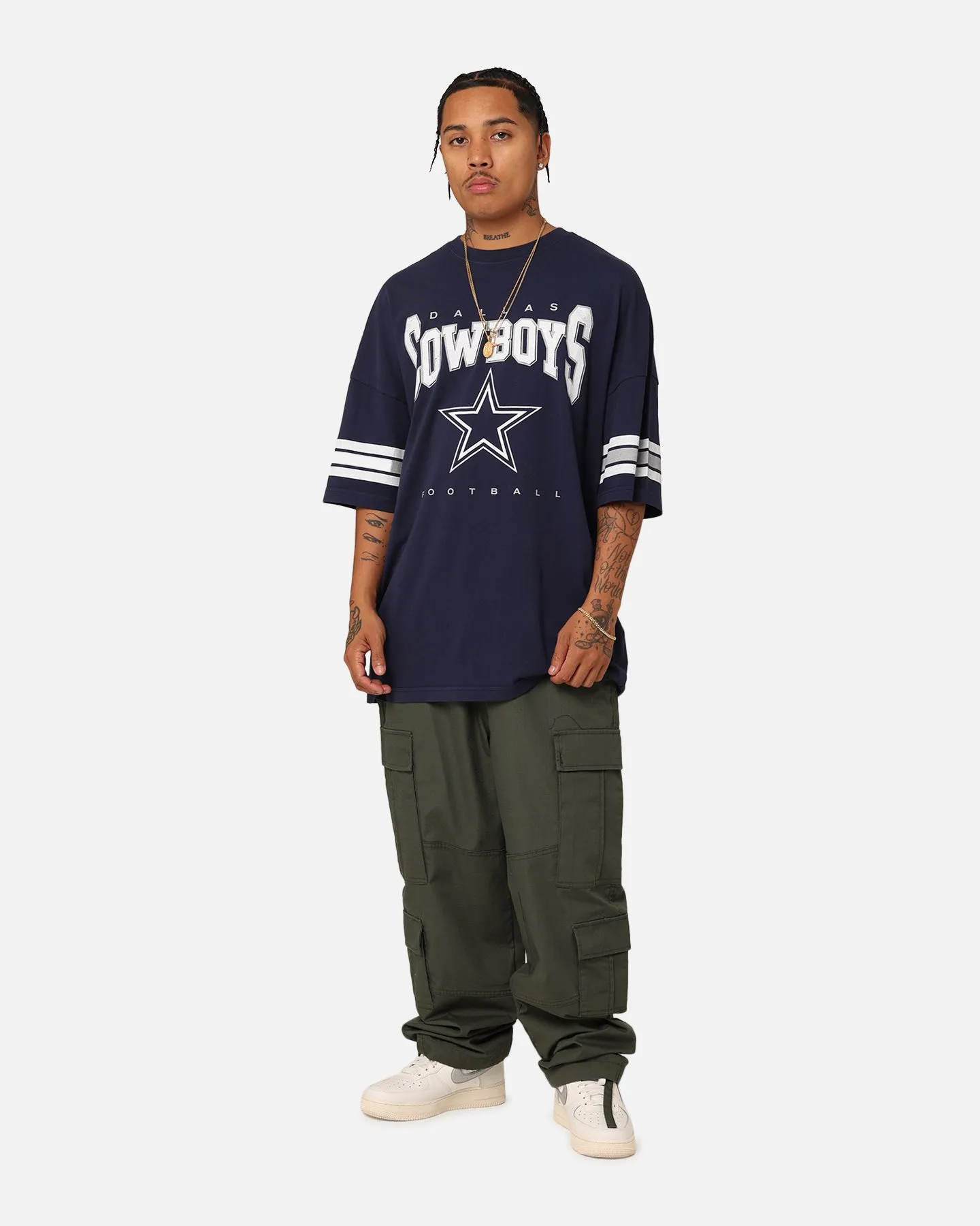Majestic Athletic Dallas Cowboys Vintage Sport Striped Sleeve T-Shirt Navy Sublimation Resistant Fabric Comfy Top