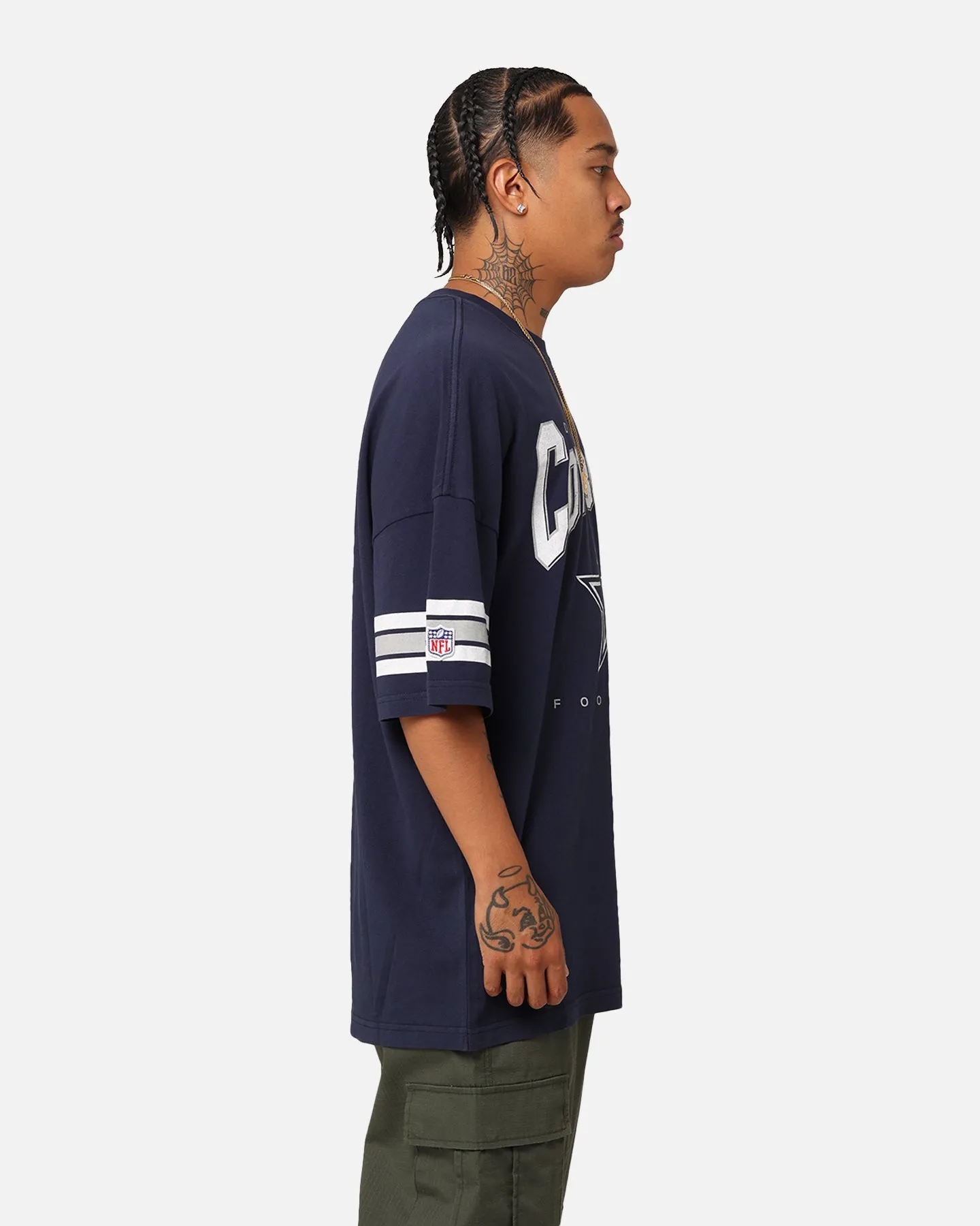 Majestic Athletic Dallas Cowboys Vintage Sport Striped Sleeve T-Shirt Navy Essential Style Wear Anti Bacterial Treatment