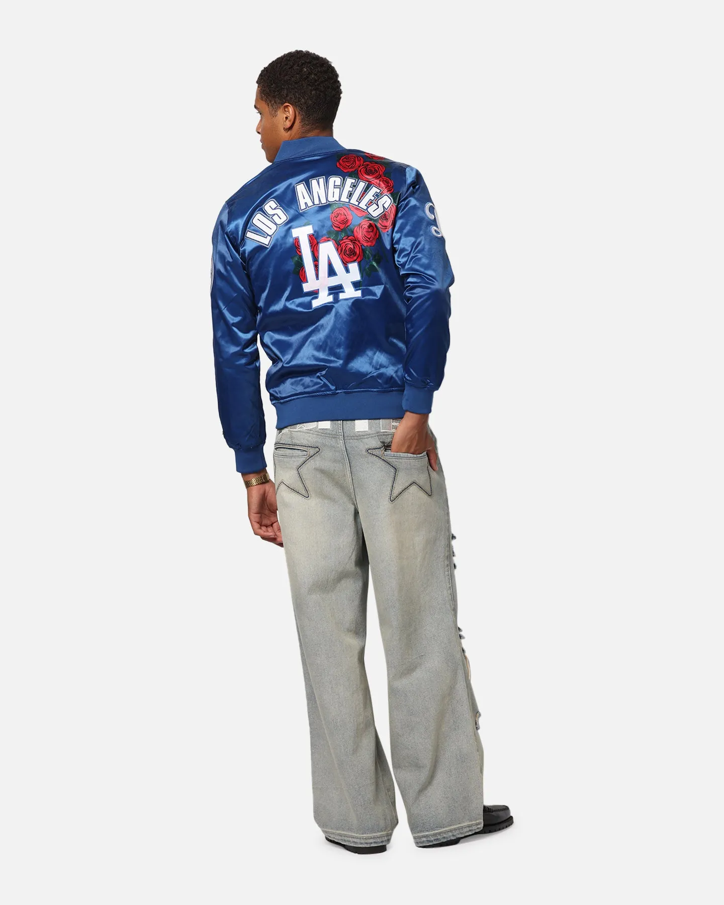 Raglan Sleeve Construction NonBulkyFit Pro Standard Los Angeles Dodgers Roses Satin Jacket Dark Blue