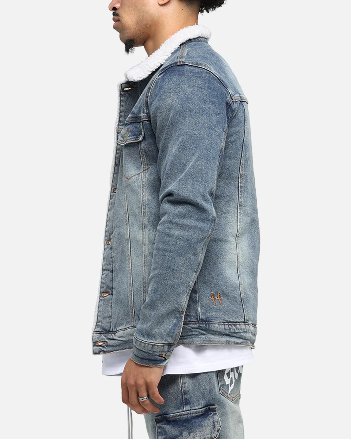 Saint Morta Sherpa Denim Jacket Dirty Denim Adaptive Climate Control Non Irritating Collar