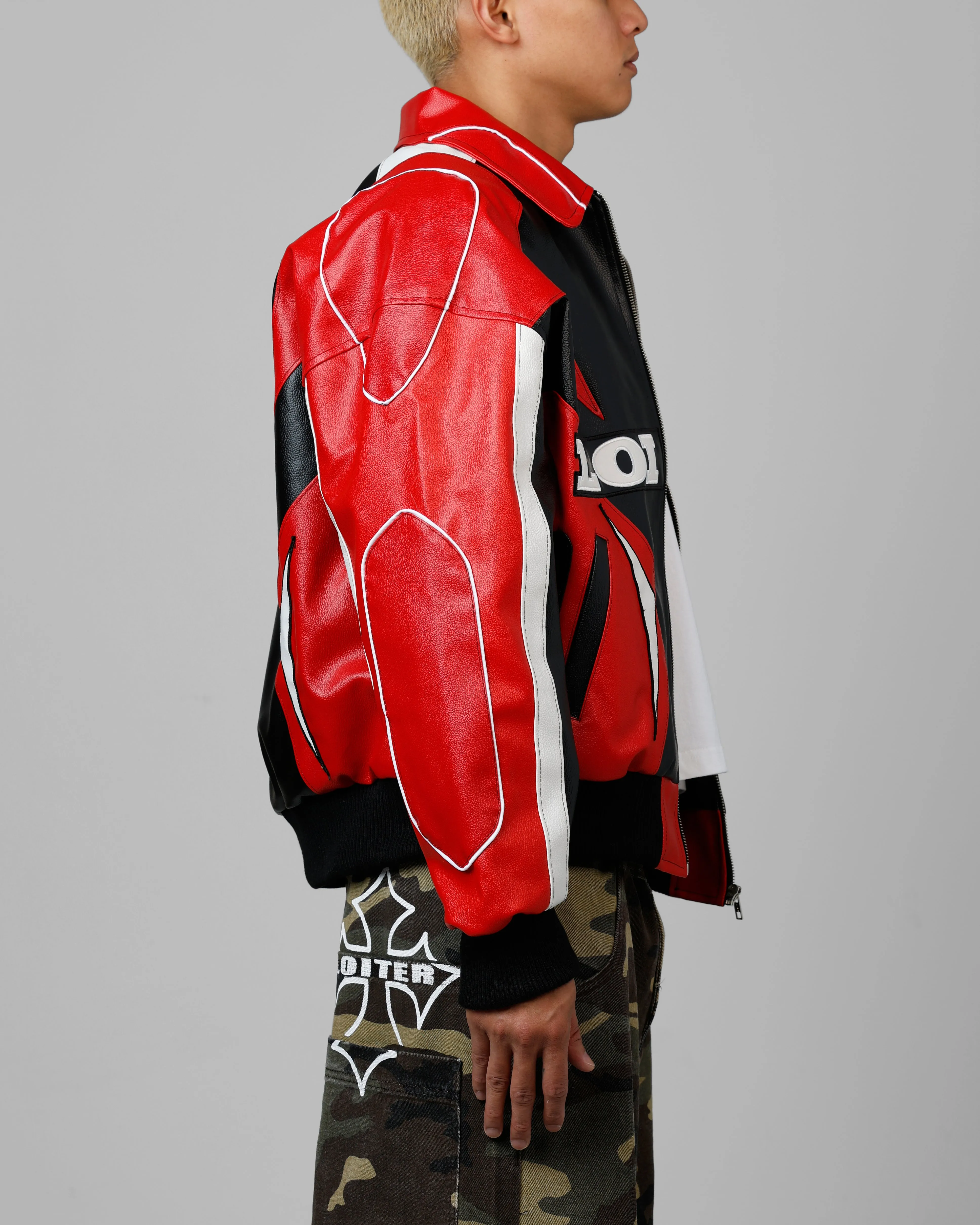 Loiter Racer Vegan Leather Jacket Red/Black Waterproof Material Full Length Front Zipper