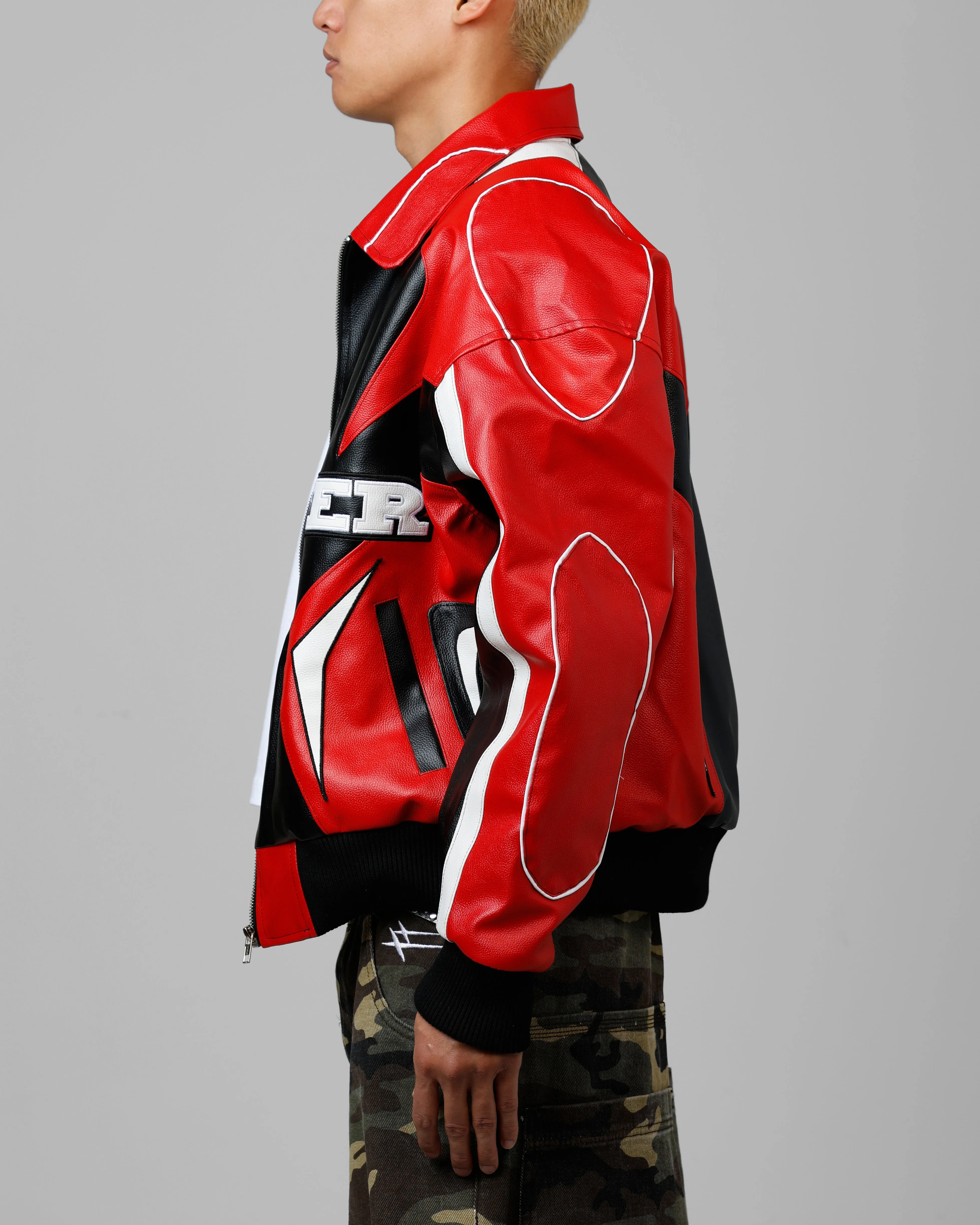 Loiter Racer Vegan Leather Jacket Red/Black Stand Collar Protective Gear