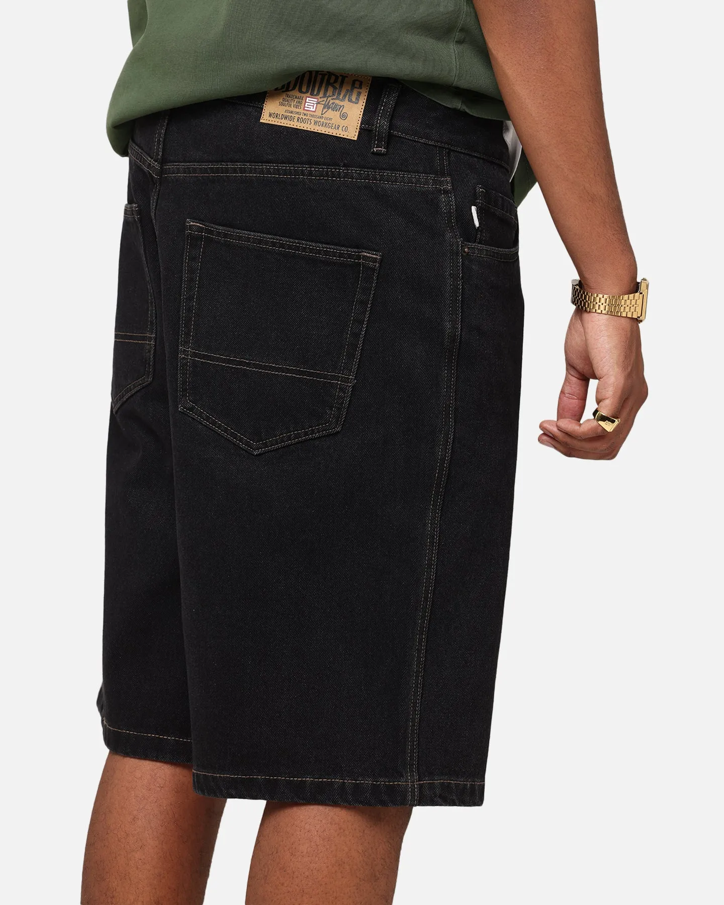 S Double Denim Standard Shorts Black Wash Elastic Band
