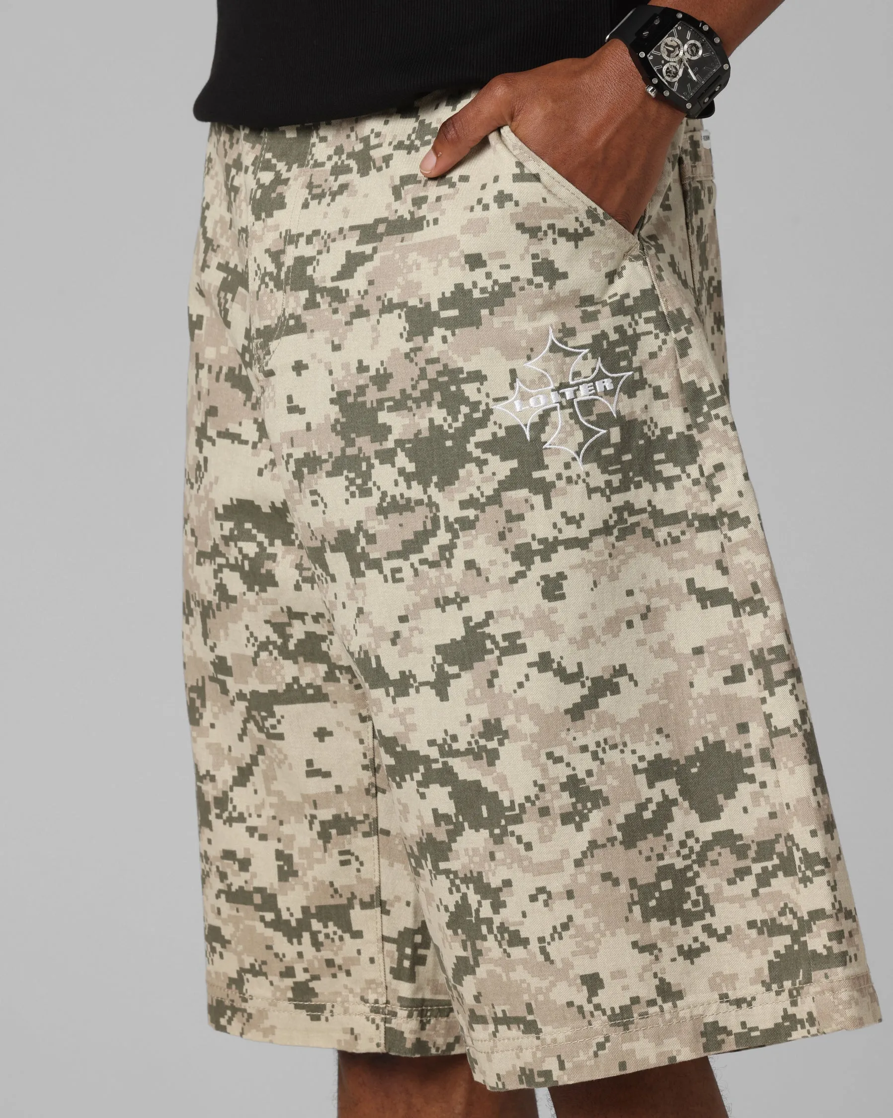 Relaxed Vibe Quick Release Buckle Loiter F-16 Denim Jorts Digi Camo