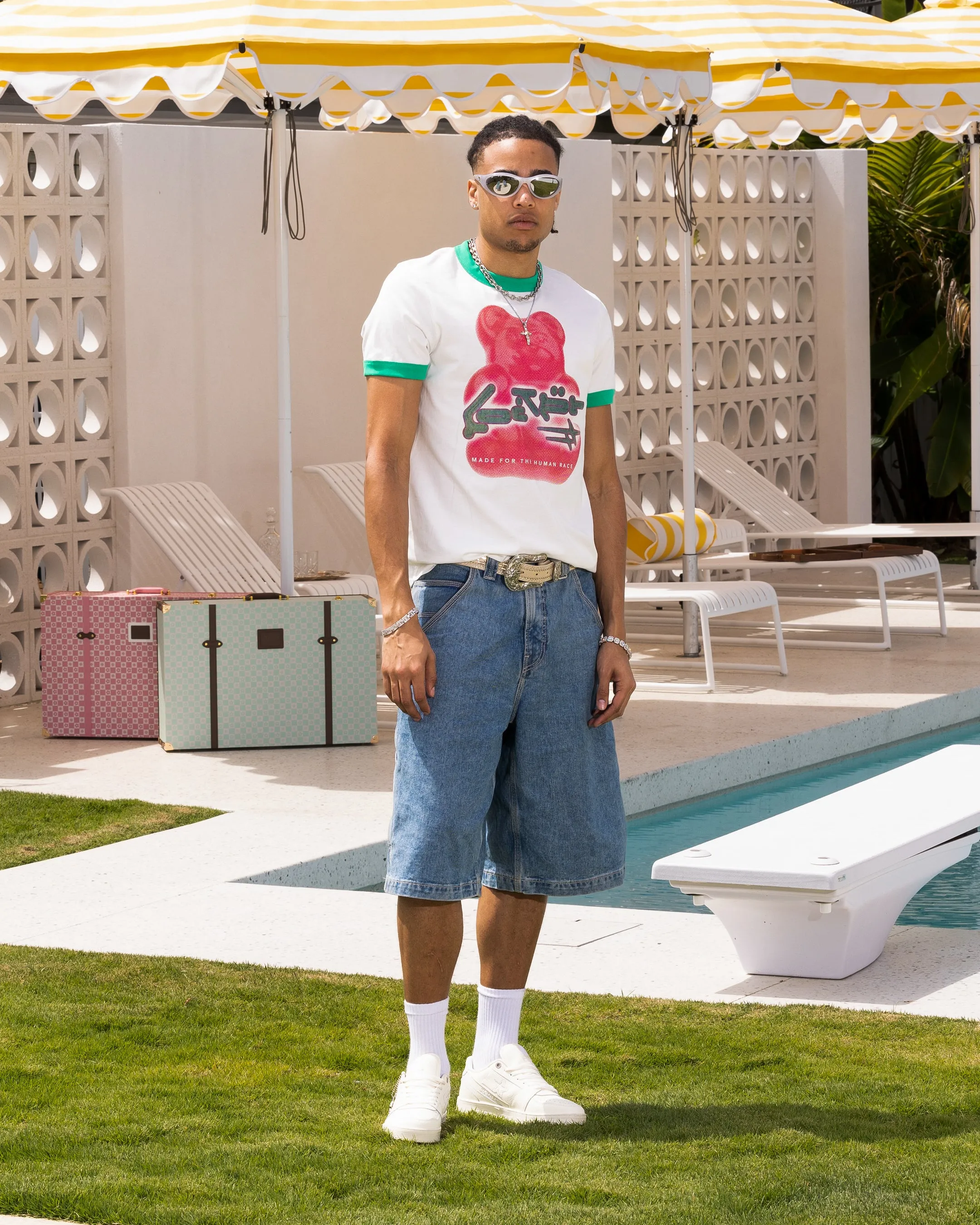 Denim combination Loiter Gummy Ringer T-Shirt Off White/Green