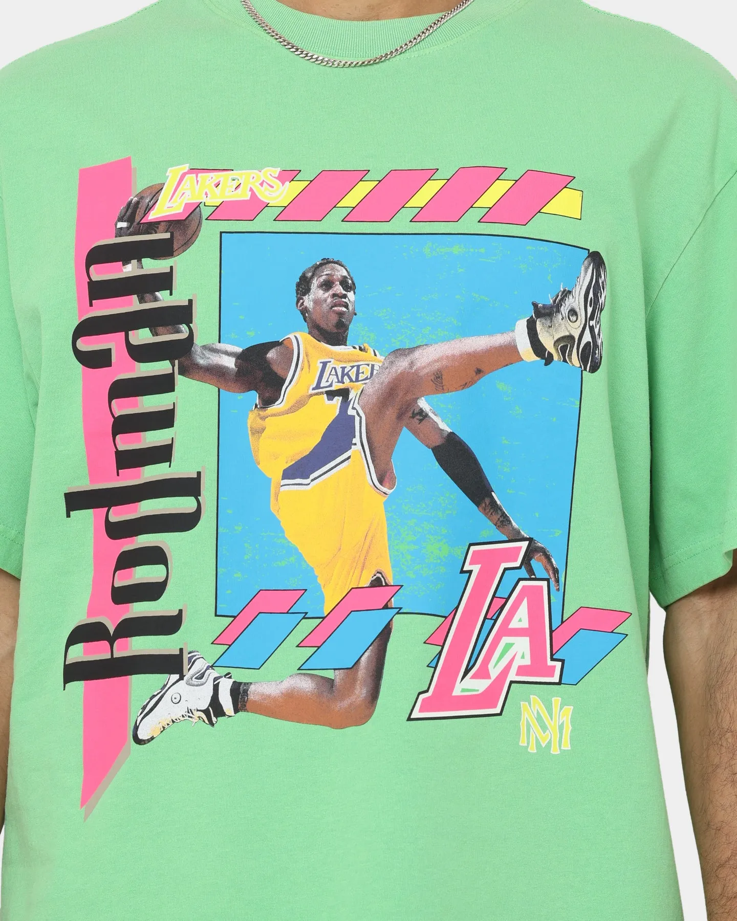 Comfortable And Trendy Mitchell & Ness Dennis Rodman Los Angeles Lakers Player Vibes T-Shirt Neon Green