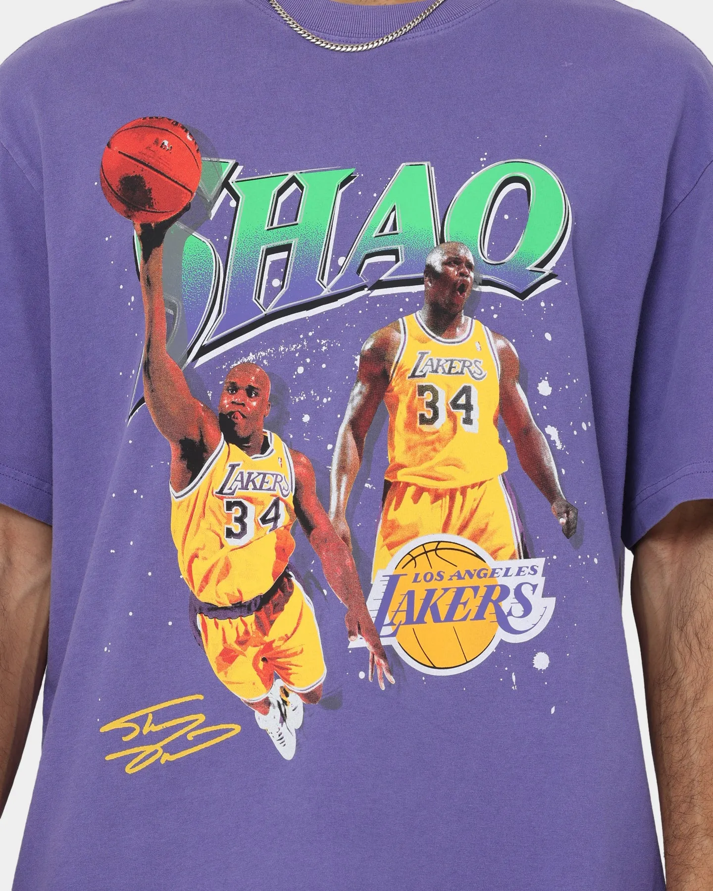 Easy and Relaxed Versatile and Comfortable Mitchell & Ness Shaquille O'Neal Los Angeles Lakers Player Vibes T-Shirt Neon Purple