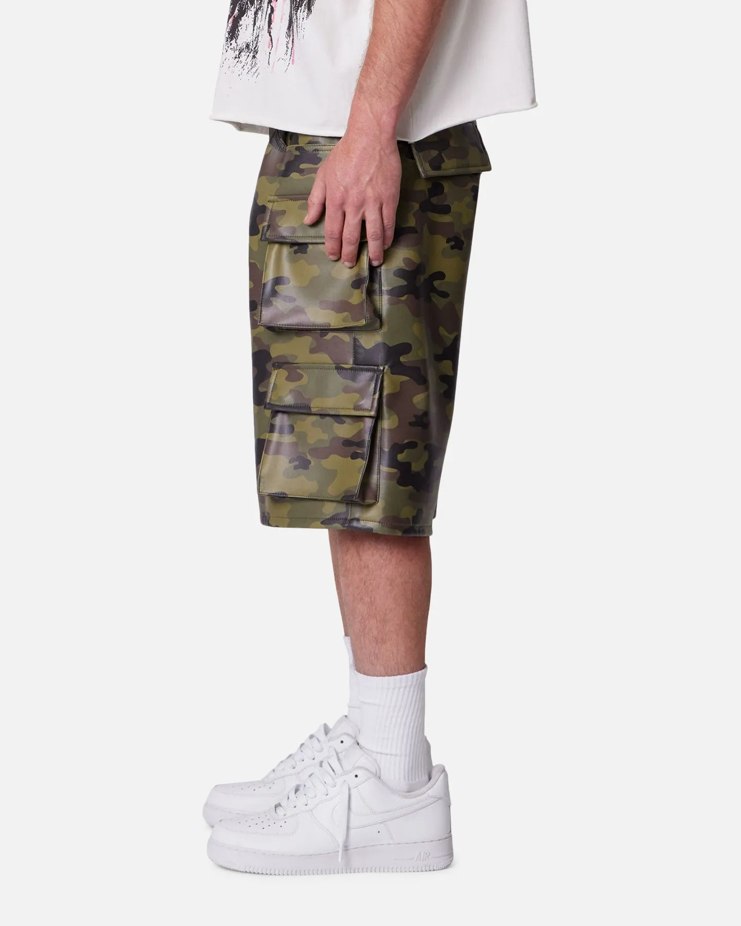 MNML Baggy Vegan Leather Cargo Shorts Camo volleyball outfit