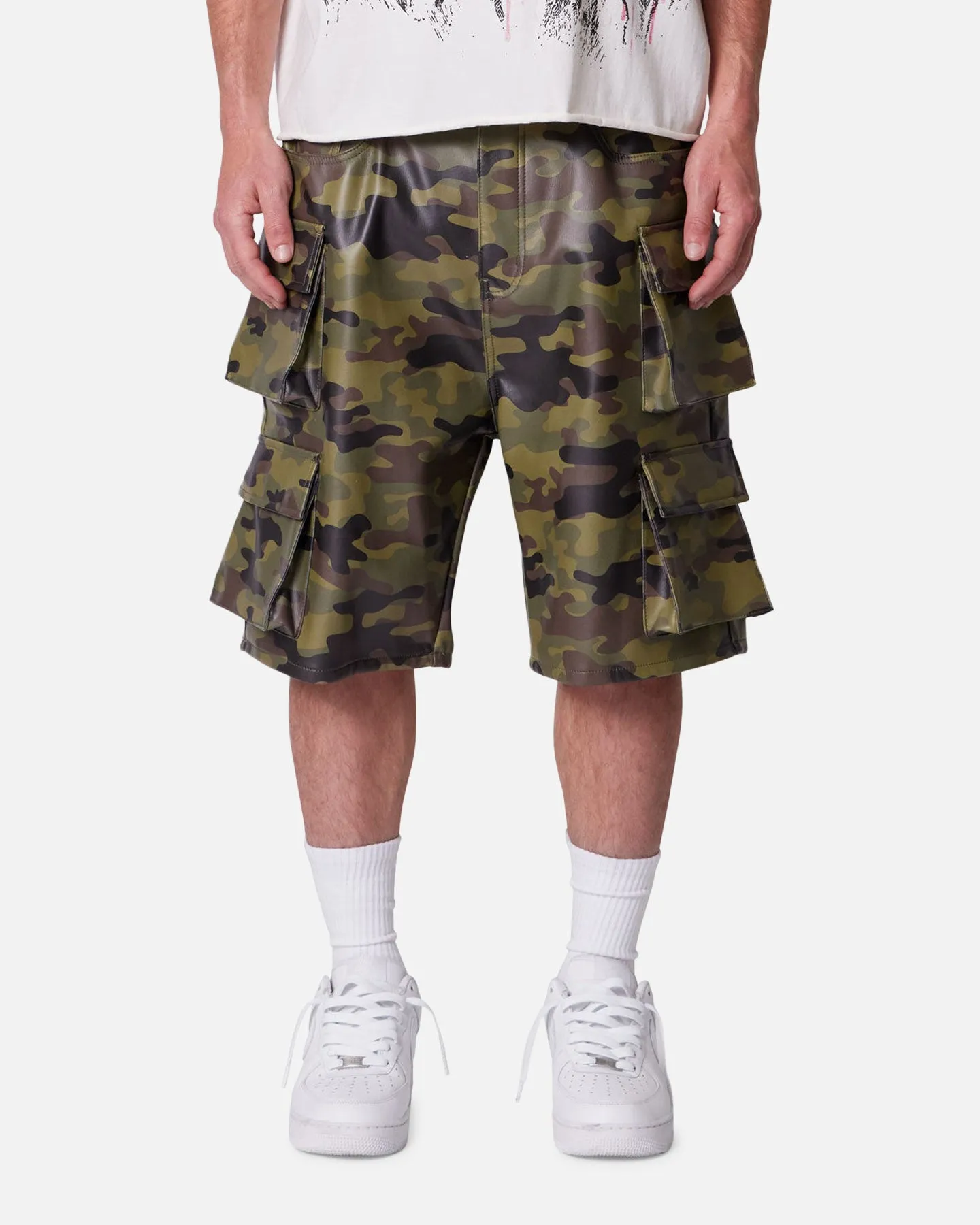 Core Fit MNML Baggy Vegan Leather Cargo Shorts Camo