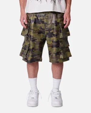 Core Fit MNML Baggy Vegan Leather Cargo Shorts Camo