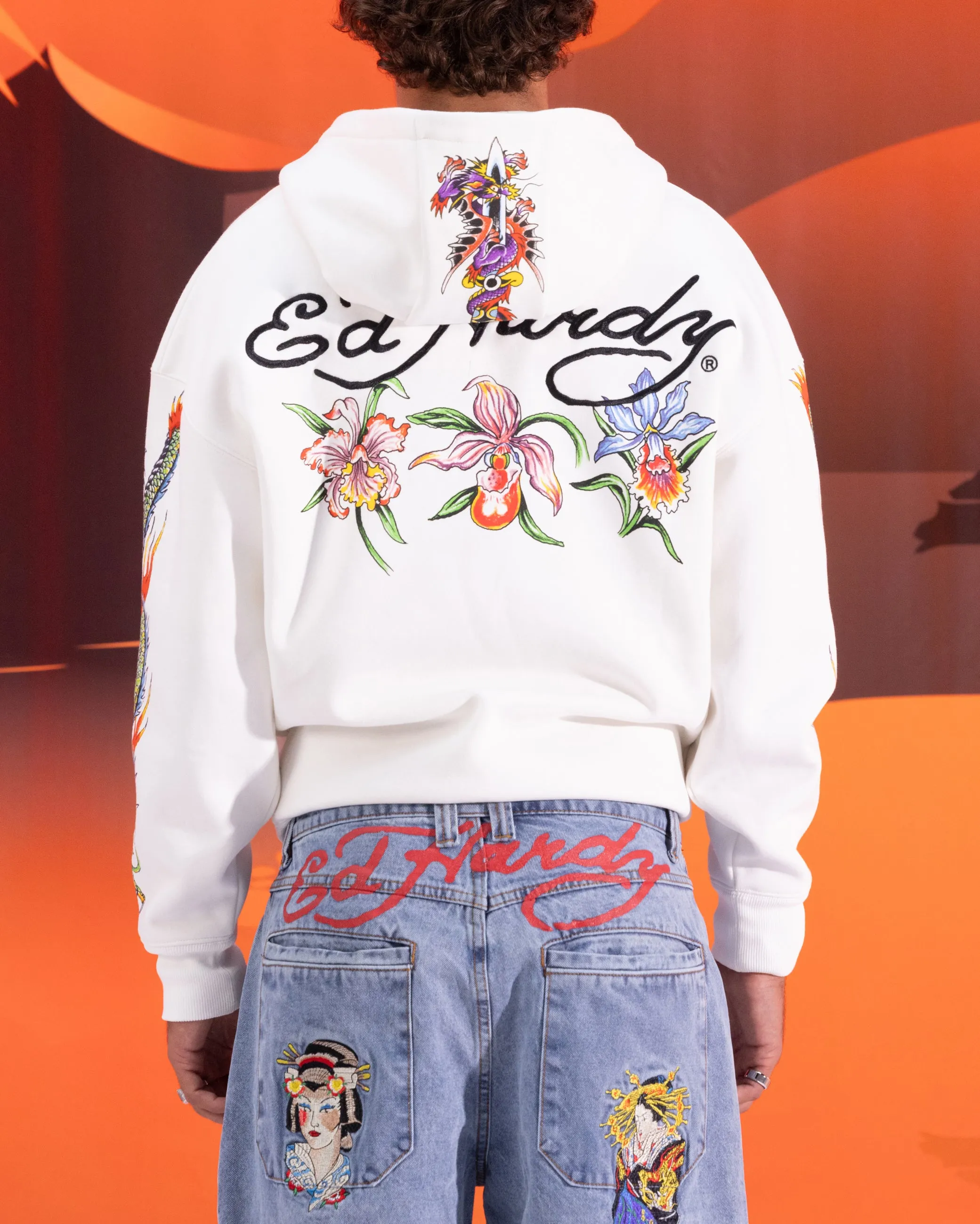 Ed Hardy Floral Zip Hoodie Off White Heavyweight Terry Construction