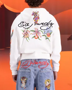 Ed Hardy Floral Zip Hoodie Off White Heavyweight Terry Construction