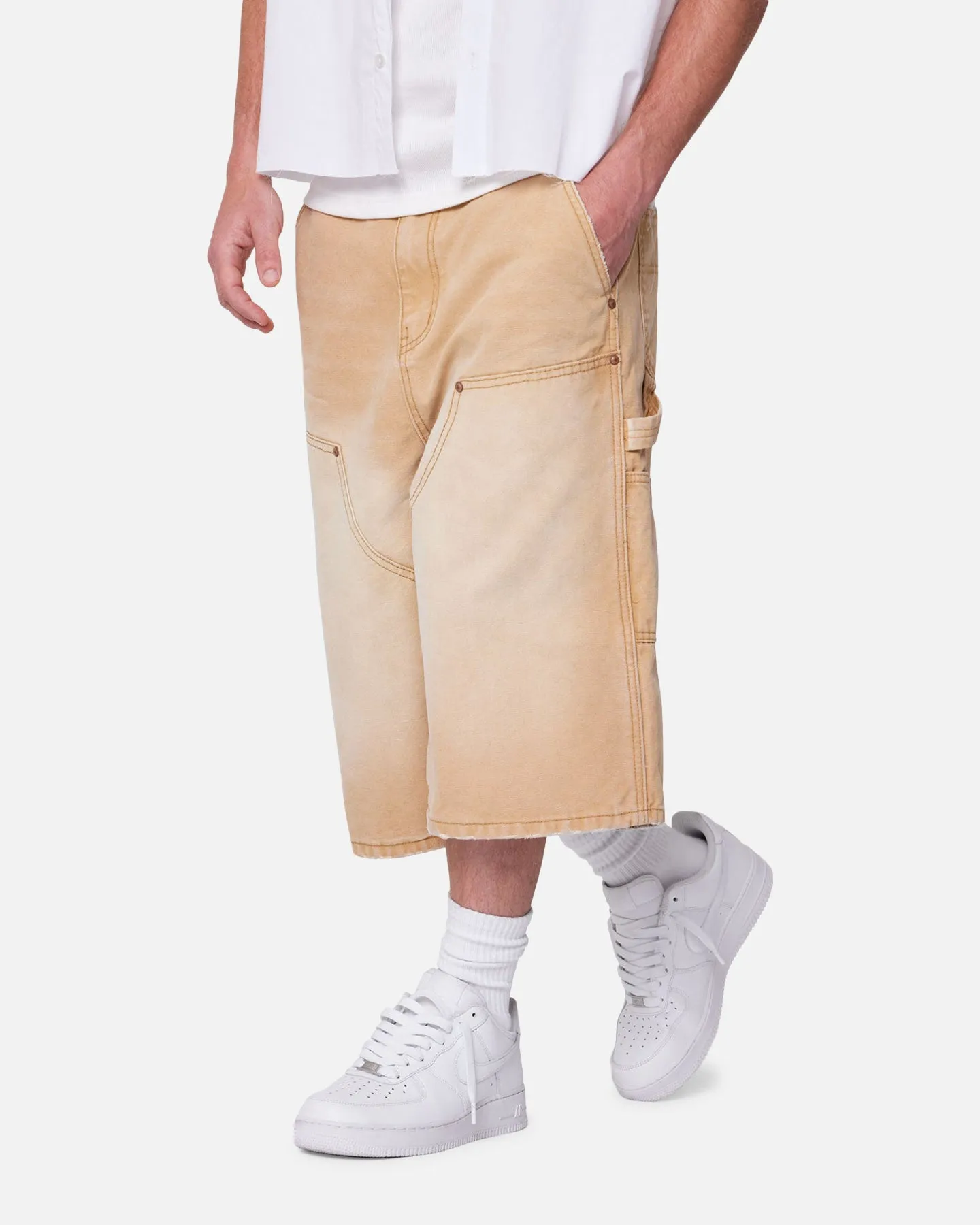 MNML Ultra Baggy Carpenter Shorts Washed Tan Casual Outfit