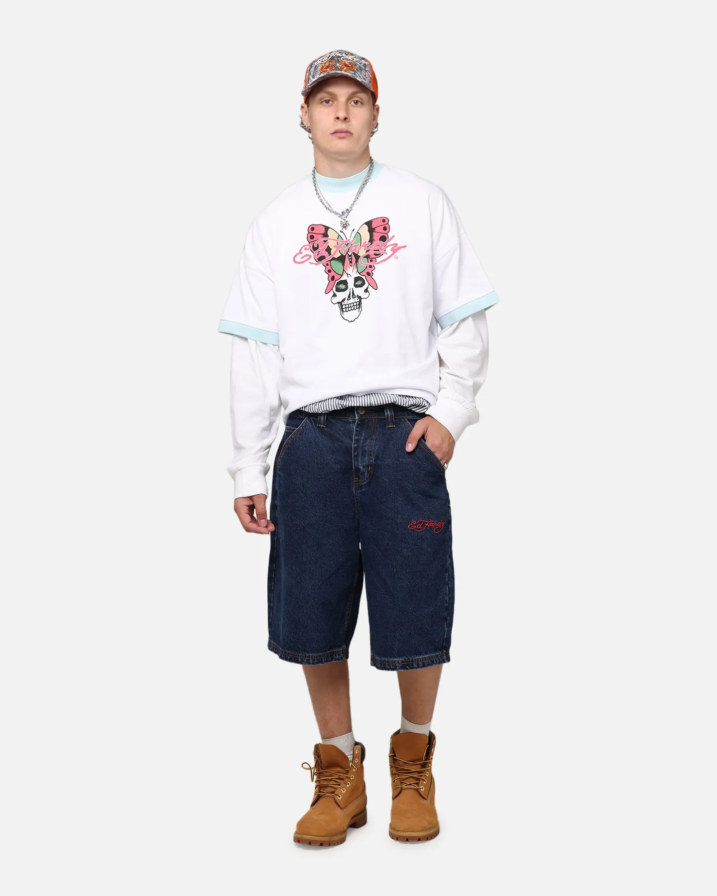 Structured fabric Ed Hardy Brave Hearts Jorts Indigo