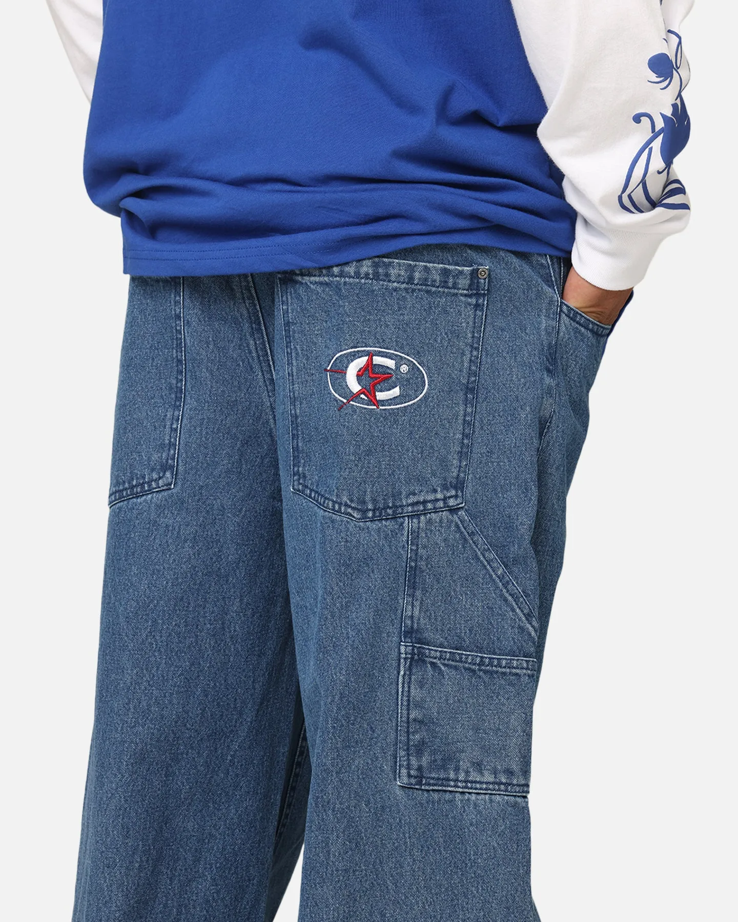 Slim Shape All-Purpose Comfort Carre Baggy Carpenter Jeans Mid Blue Denim