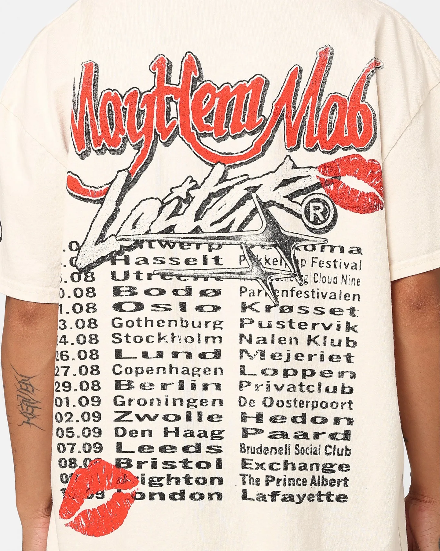 Double Stitched Hem V neck Loiter Mayhem Mob Vintage T-Shirt Off White