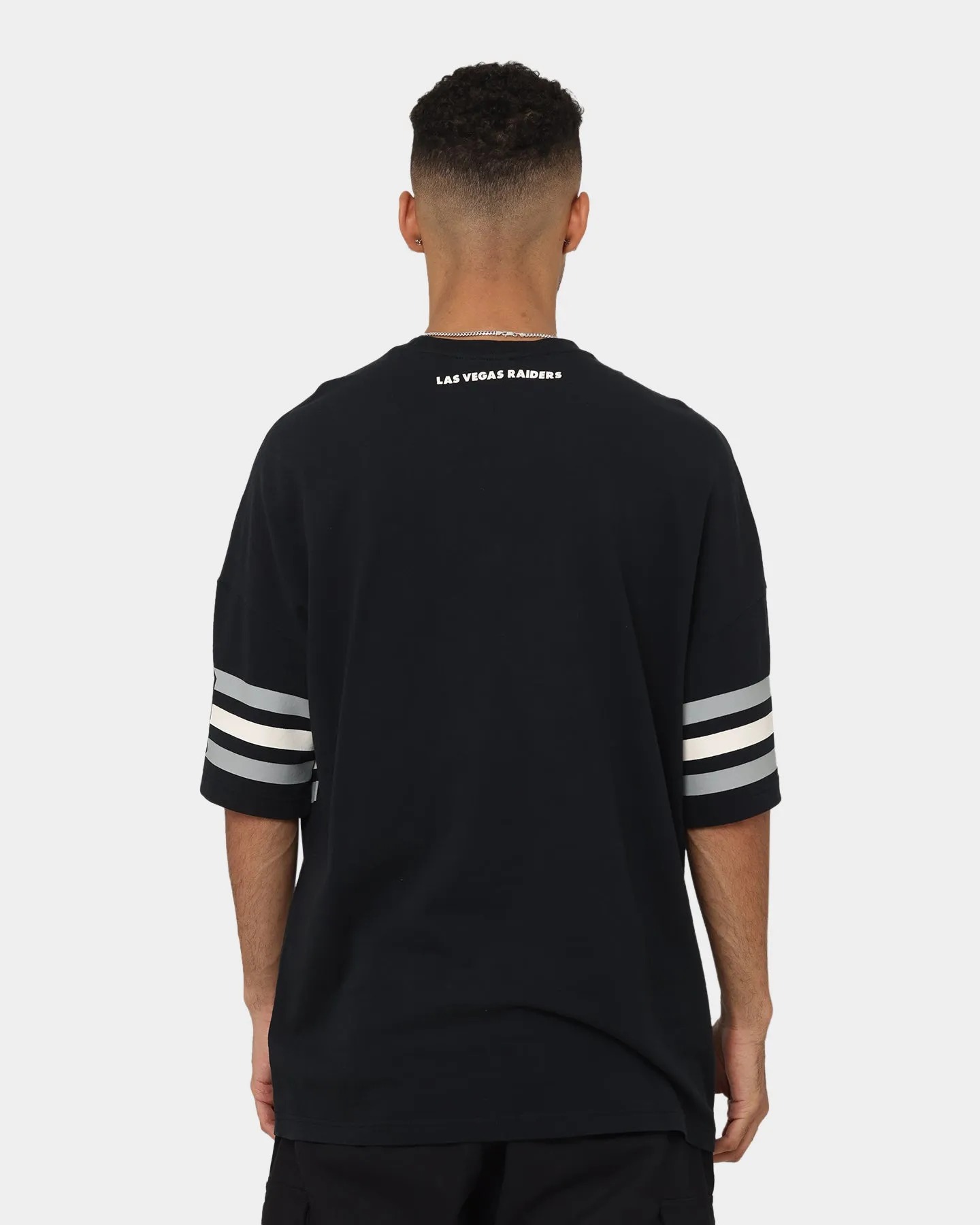 Cozy and Fashionable SeamlessSidePanels Majestic Athletic Las Vegas Raiders Champion Arch Stripe Oversized T-Shirt Faded Black