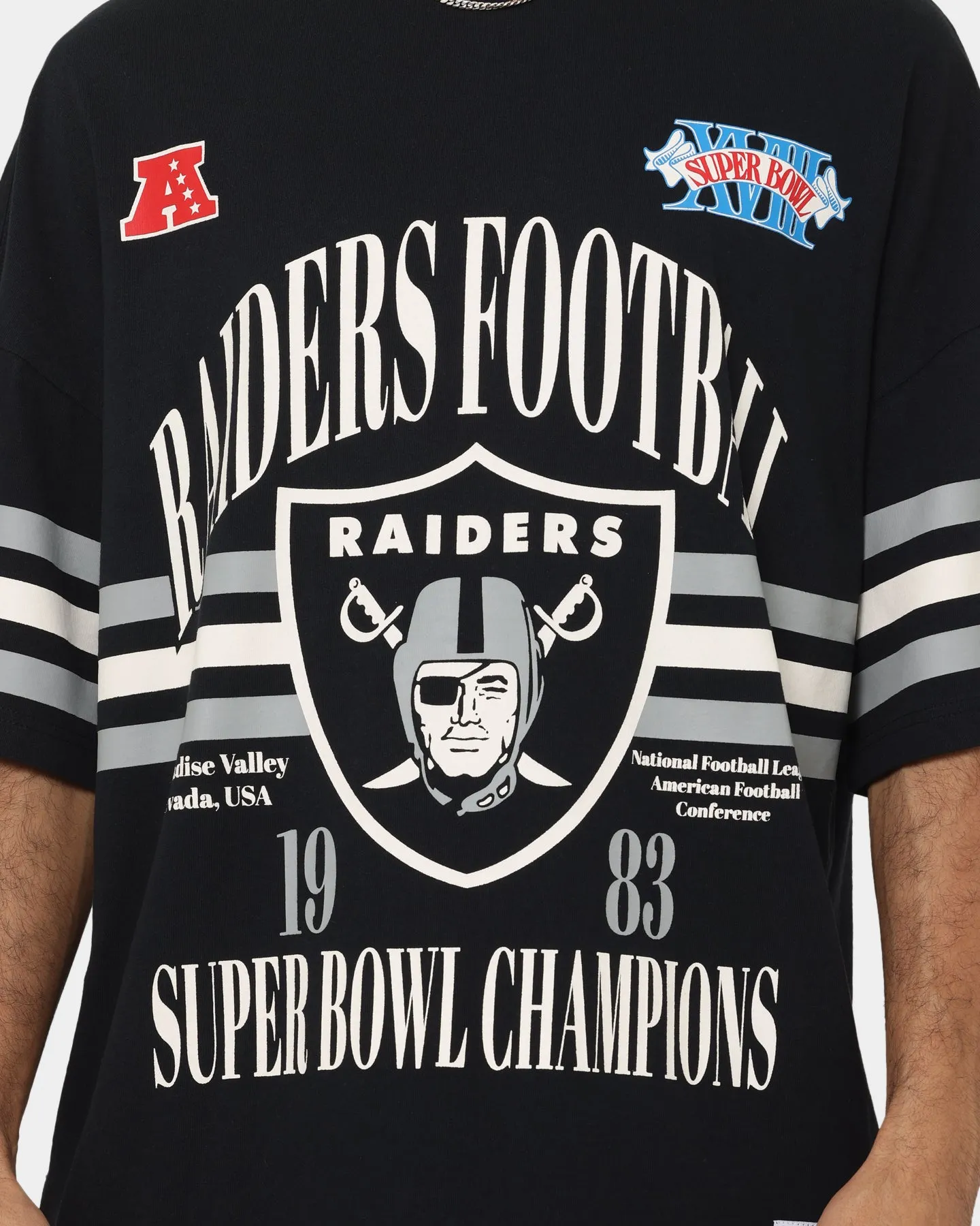 Majestic Athletic Las Vegas Raiders Champion Arch Stripe Oversized T-Shirt Faded Black Relax Style Trend Casual Vibe Wear