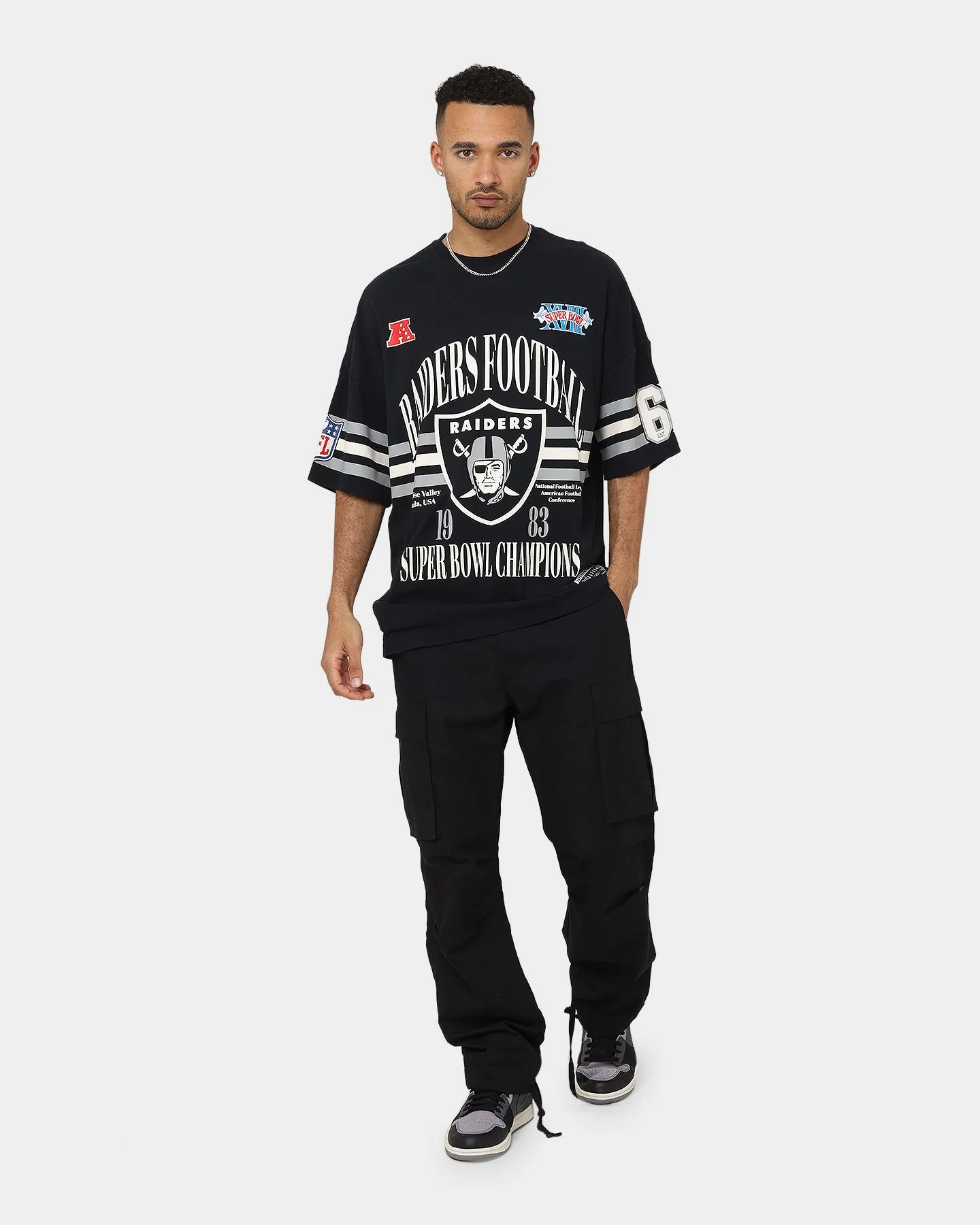 Majestic Athletic Las Vegas Raiders Champion Arch Stripe Oversized T-Shirt Faded Black Sporty Comfort Wear Quick Release Hem