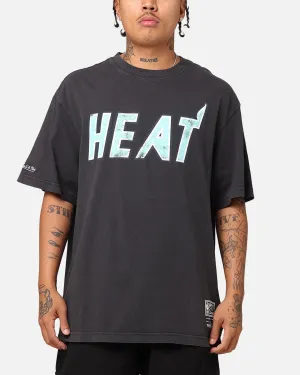 Reinforced Shoulder Stitching Mitchell & Ness Miami Heat Ice Blue Logo T-Shirt Faded Black