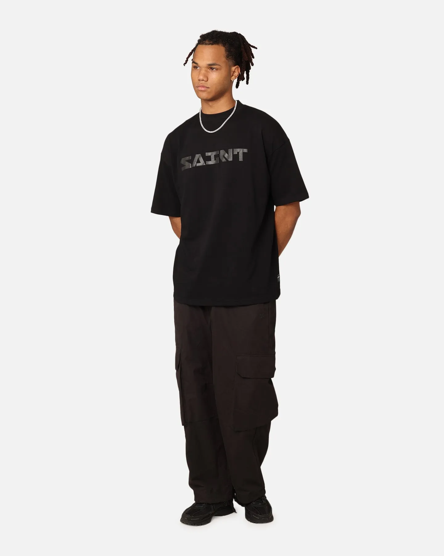 NonIrritating Fabric Saint Morta Scripture Mock Neck T-Shirt Black