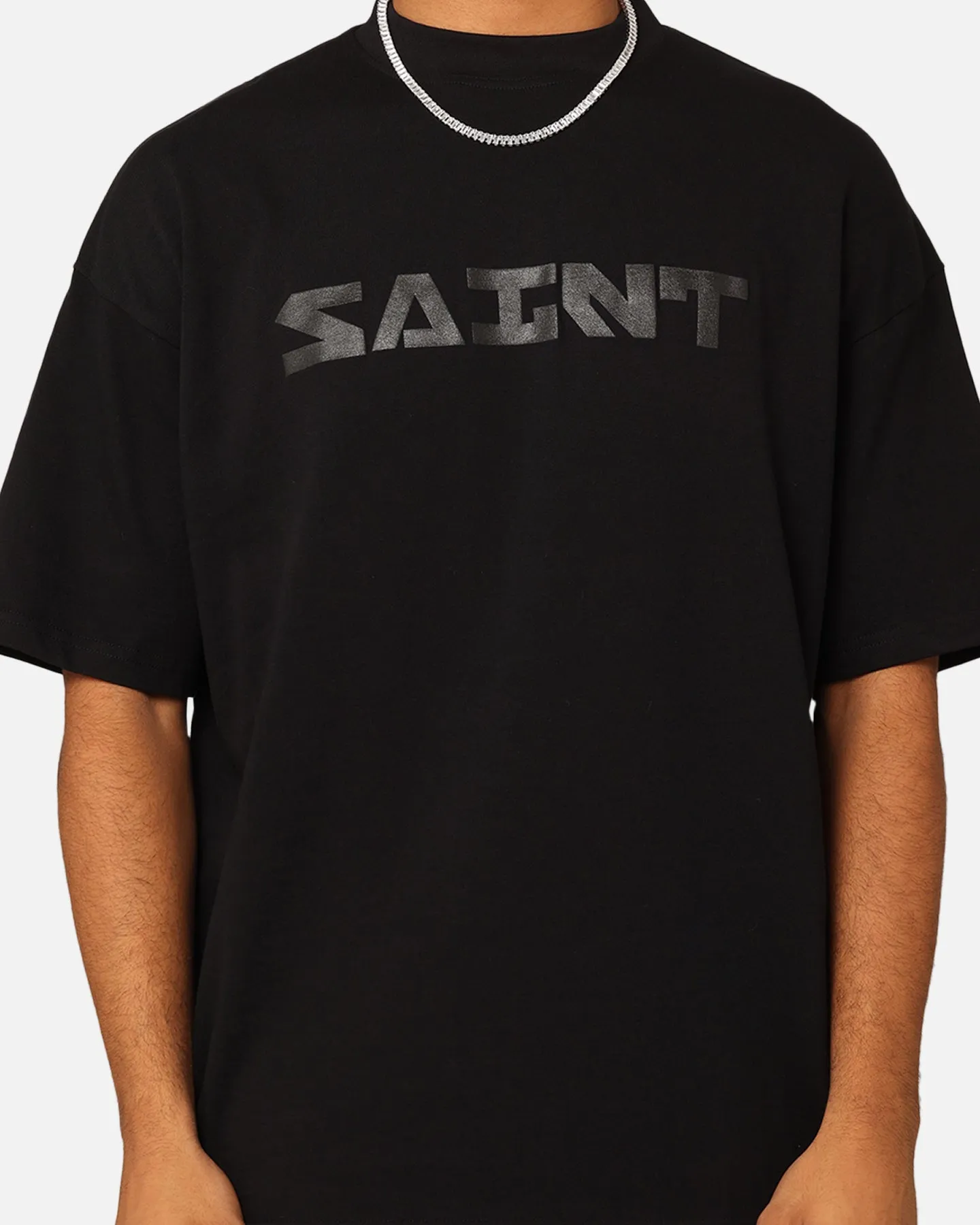 Drip Dry Fabric Saint Morta Scripture Mock Neck T-Shirt Black