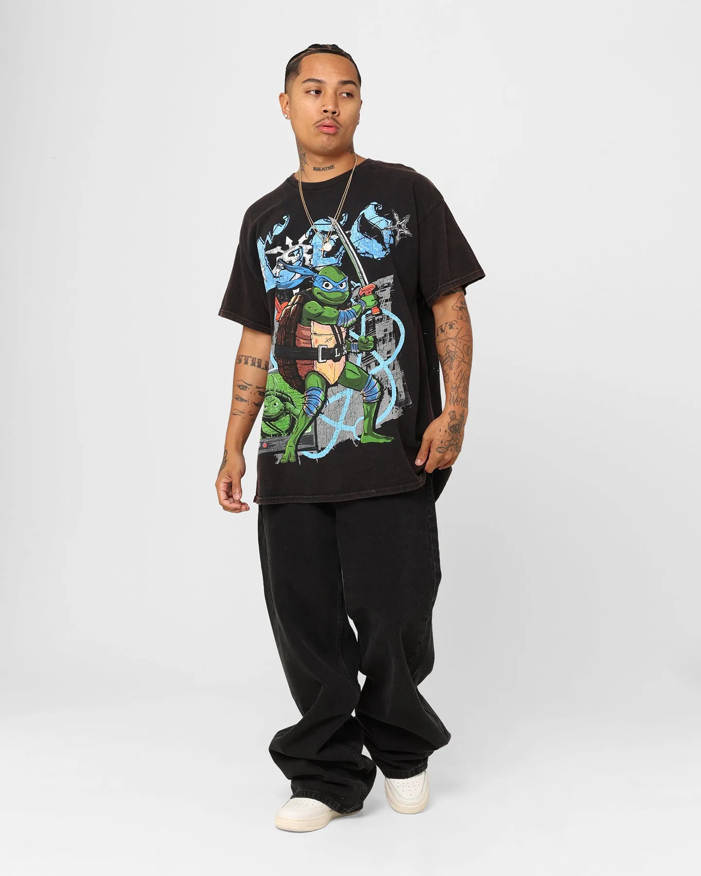 suitable for all genders Goat Crew X Teenage Mutant Ninja Turtles Leonardo Vintage T-Shirt Black Wash