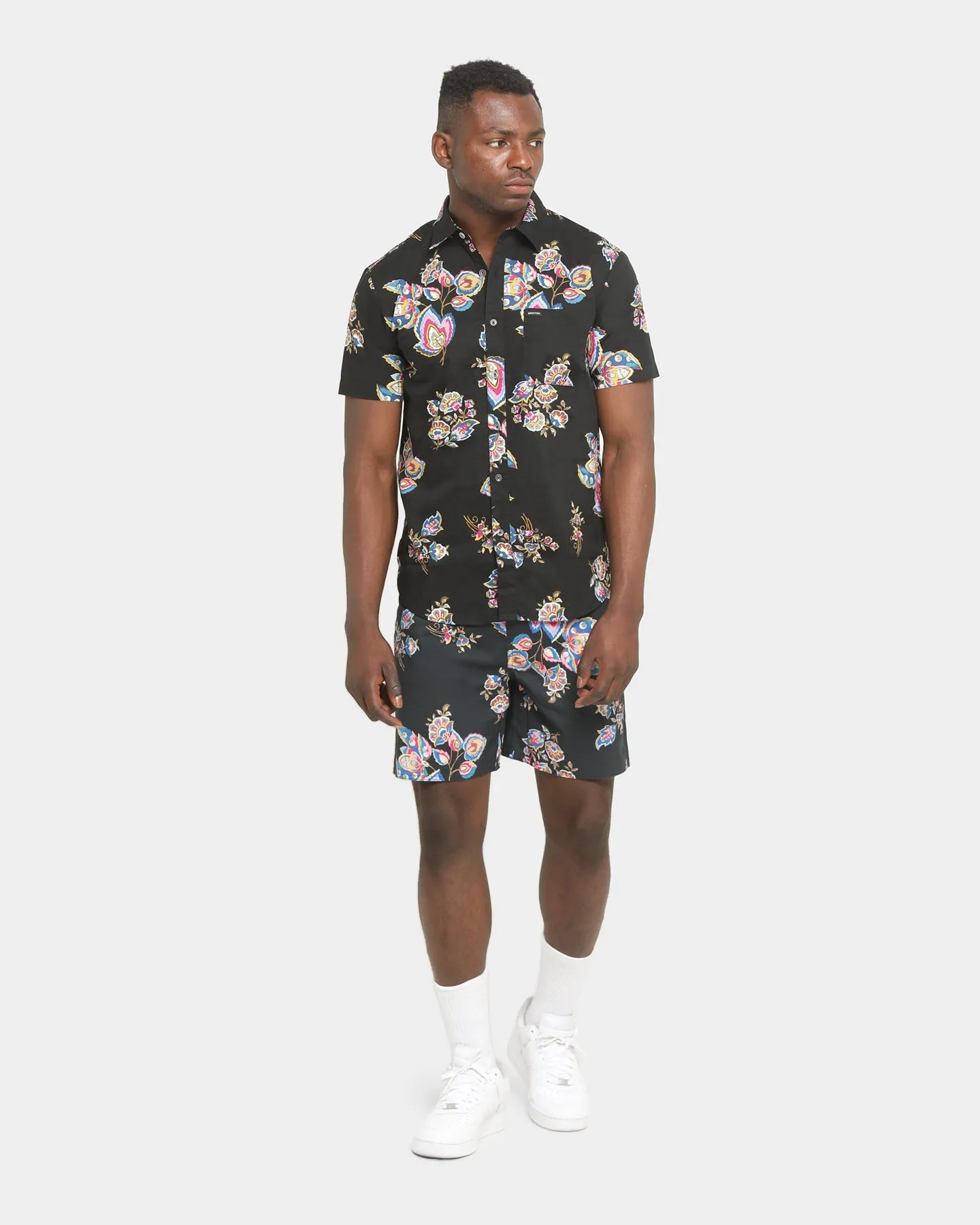 Seasonal top Travel convenience Brixton Charter Print Short Sleeve Woven Shirt Black/Purple