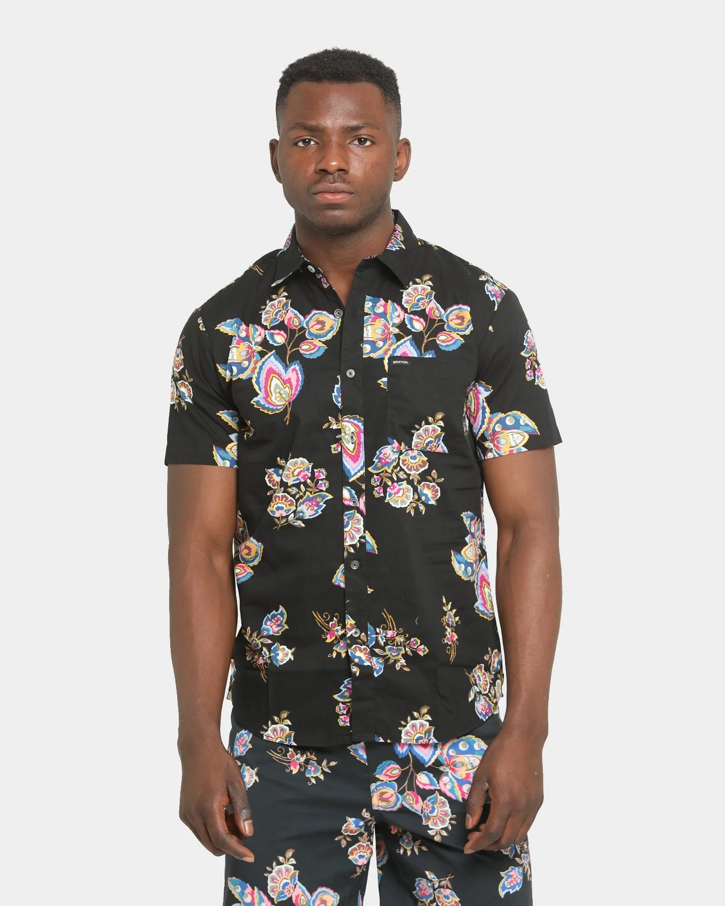 Brixton Charter Print Short Sleeve Woven Shirt Black/Purple Classic Smart